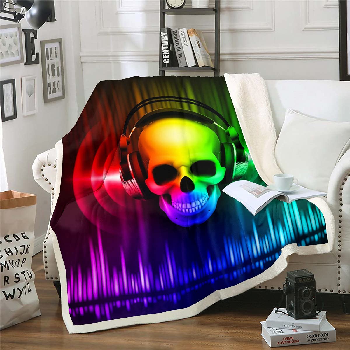Gothic Skull Fleece Blanket - Watercolor Music Headphones Design Plush Throw for Teens & Adults (50x60 Inches) - Soft Flannel Warm Blanket for Bedroom, Couch, Dorm - Perfect Christmas Gift & Cozy Home Decor