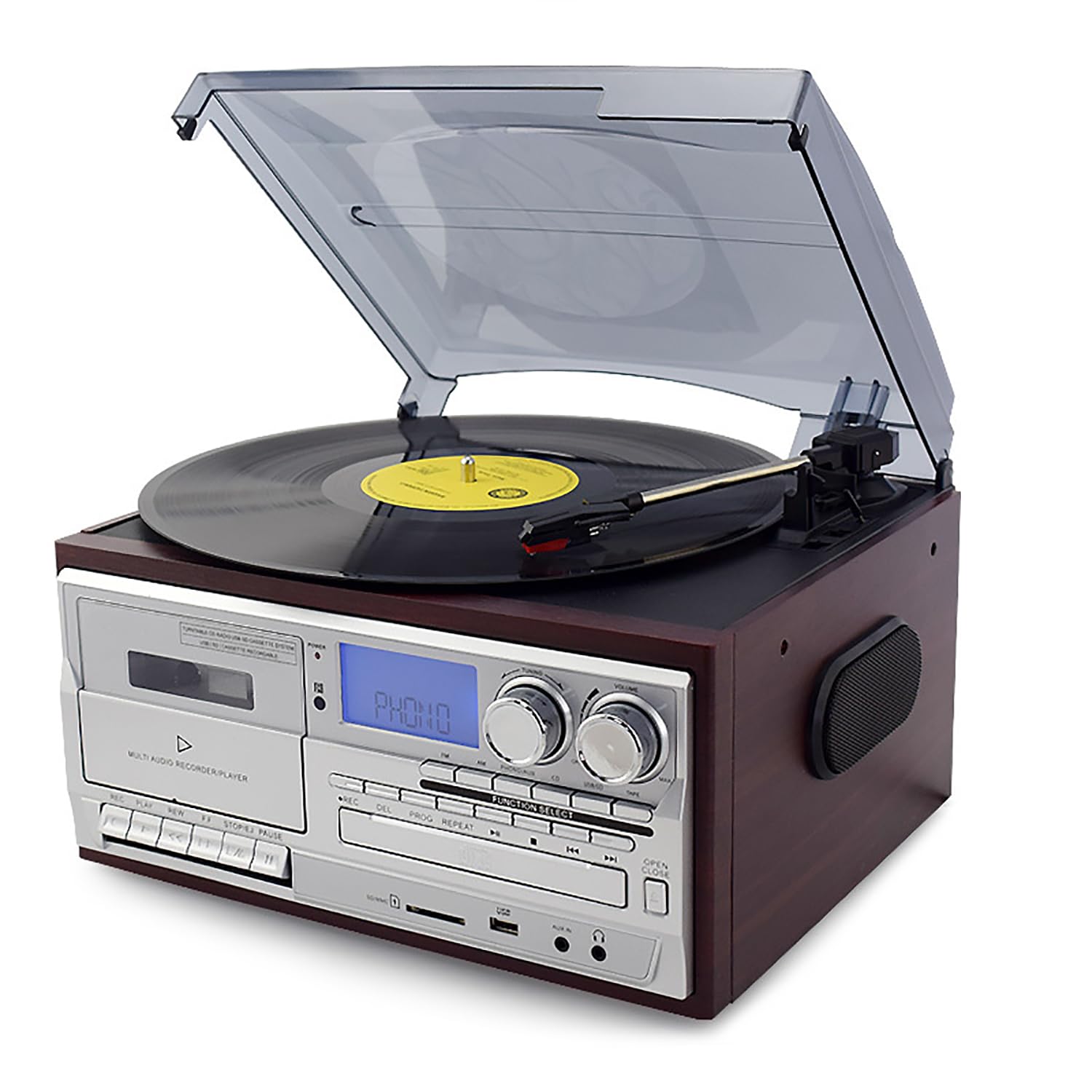 9-in-1 Retro Bluetooth Record Player with Built-in Speakers - 3-Speed Vintage Turntable, CD Player & AM/FM Radio - Perfect for Home Entertainment, Vinyl Collectors and Retro Music Lovers