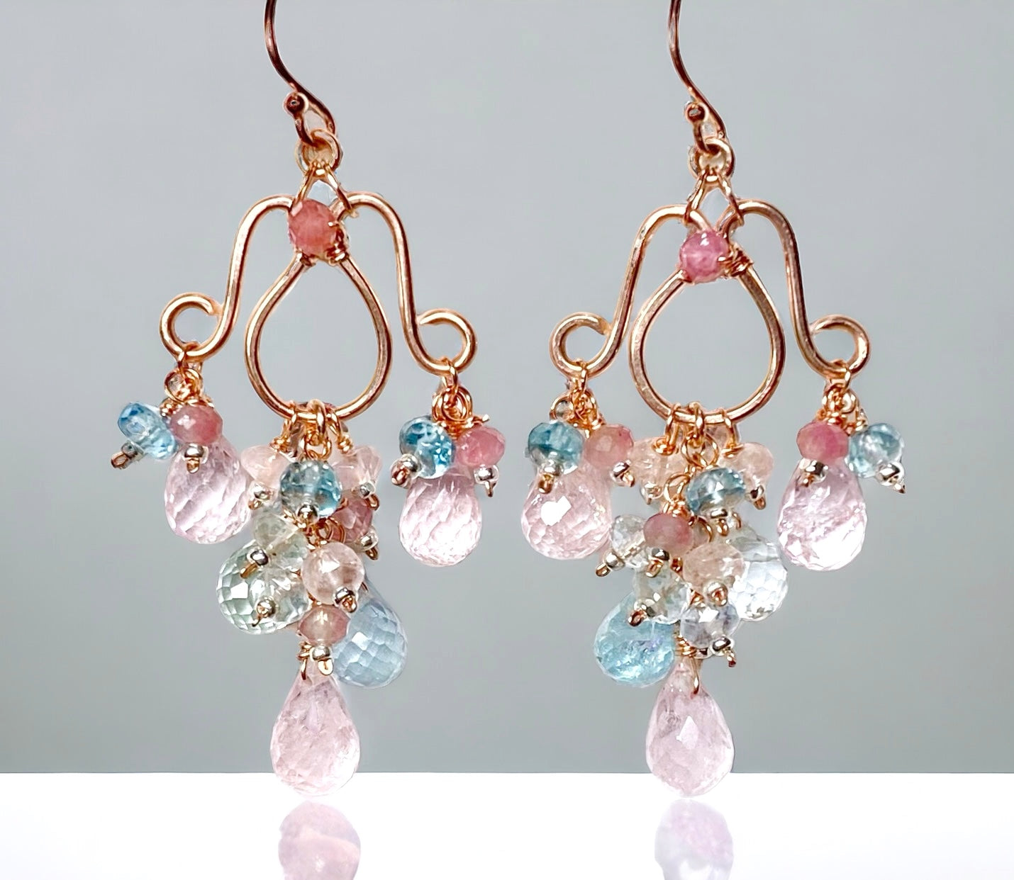 Rose Gold Filled Aquamarine & Morganite Chandelier Earrings | Elegant Gemstone Jewelry for Weddings, Parties & Special Occasions