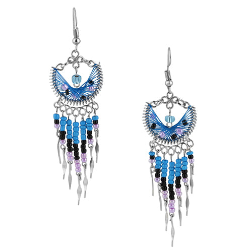 Handmade Peruvian Blue Silk Thread Beaded Crescent Dangle Earrings - Stainless Steel Jewelry for Women | Boho Chic Accessories for Parties, Weddings & Everyday Wear