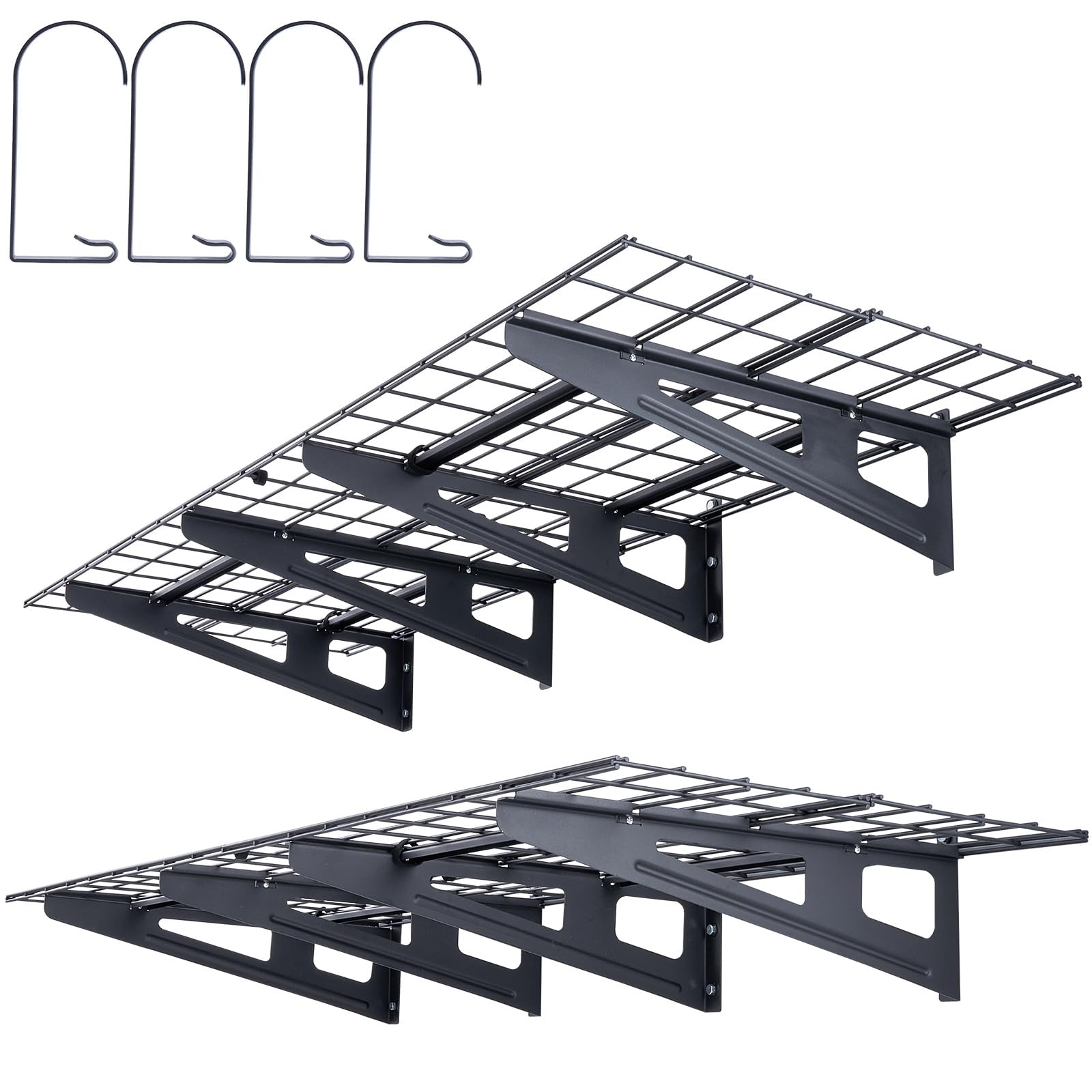 VEVOR 2-Pack Heavy Duty Wall Mounted Garage Shelves - 2 x 6 ft Floating Shelves with 4 Hooks, 1000 lbs Capacity - Perfect for Garage Organization, Basement Storage & Workshop Shelving - Black