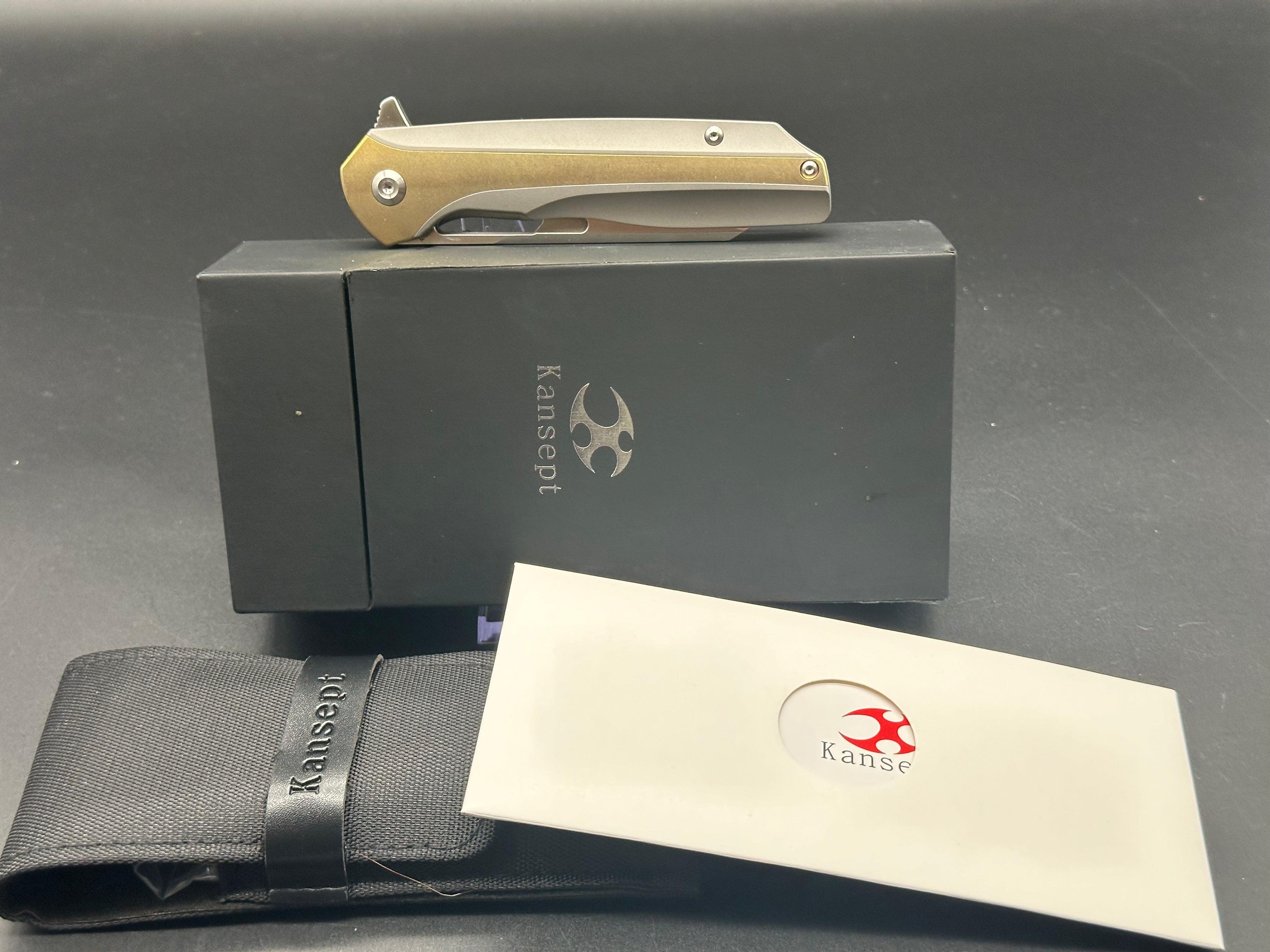 Kansept Shard Gray Titanium Frame Knife with Bronze Inlays - EDC Folding Pocket Knife for Outdoor, Camping, and Everyday Carry