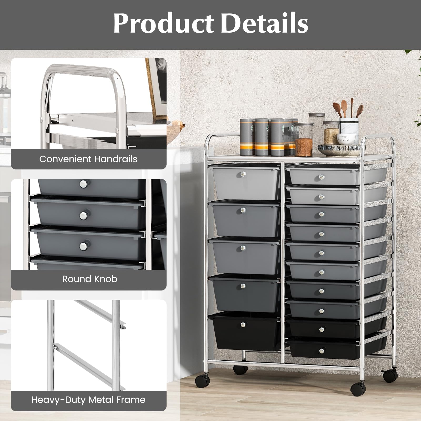 COSTWAY 15-Drawer Rolling Storage Cart with Lockable Wheels & Removable Drawers - Mobile Utility Organizer for Office, School, Home - Perfect for Tools, Scrapbooking & Paper Organization (Black) - Ideal for Craft Rooms, Workshops & Classroom Storage