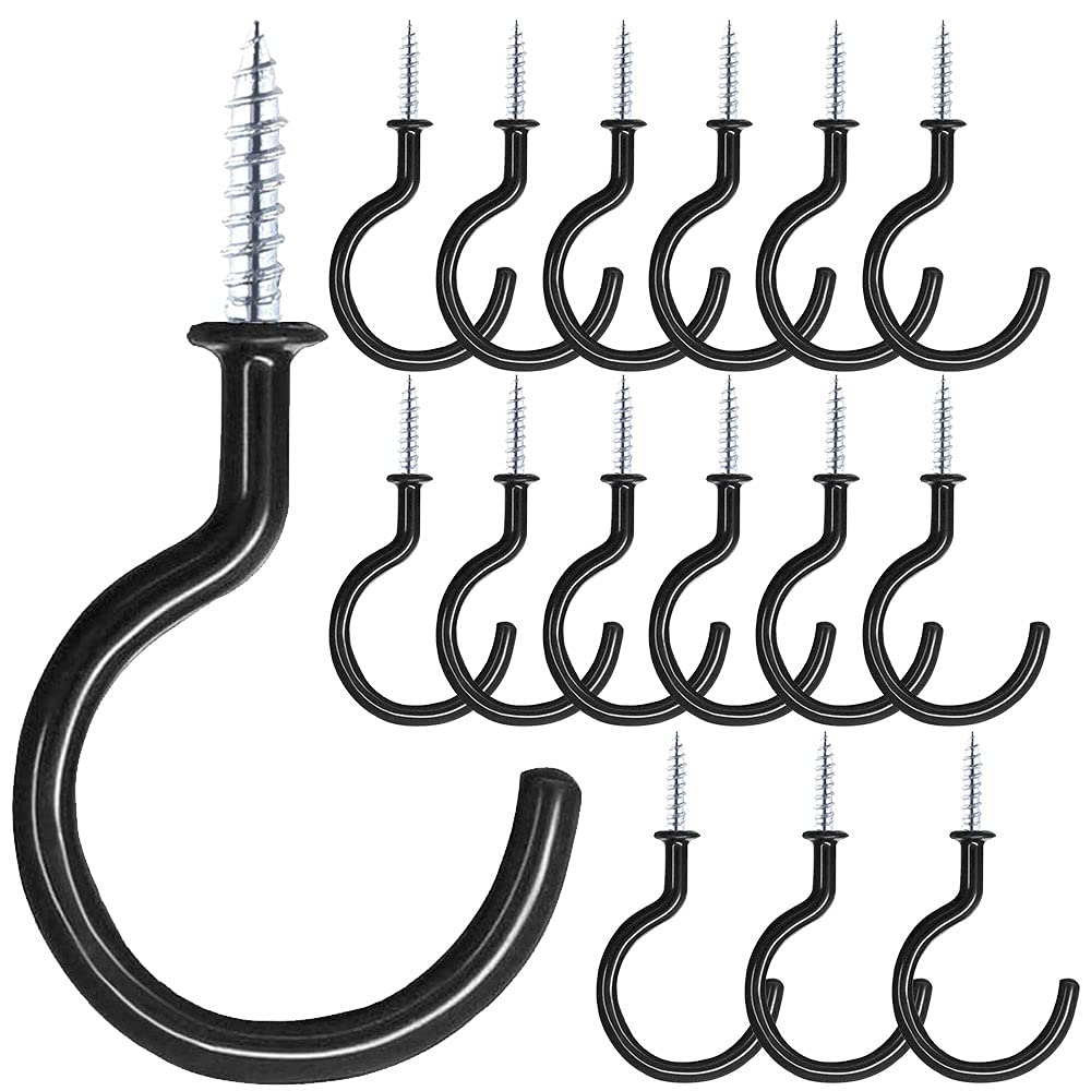 Heavy Duty 2.6 Inch Plastic Ceiling Hooks - Vinyl Coated Screw Hooks for Hanging Plants, Lights, Wind Chimes (16 Pack, Black) - Perfect for Indoor & Outdoor Home Organization, Kitchen Utensil Storage, and Decorative Display
