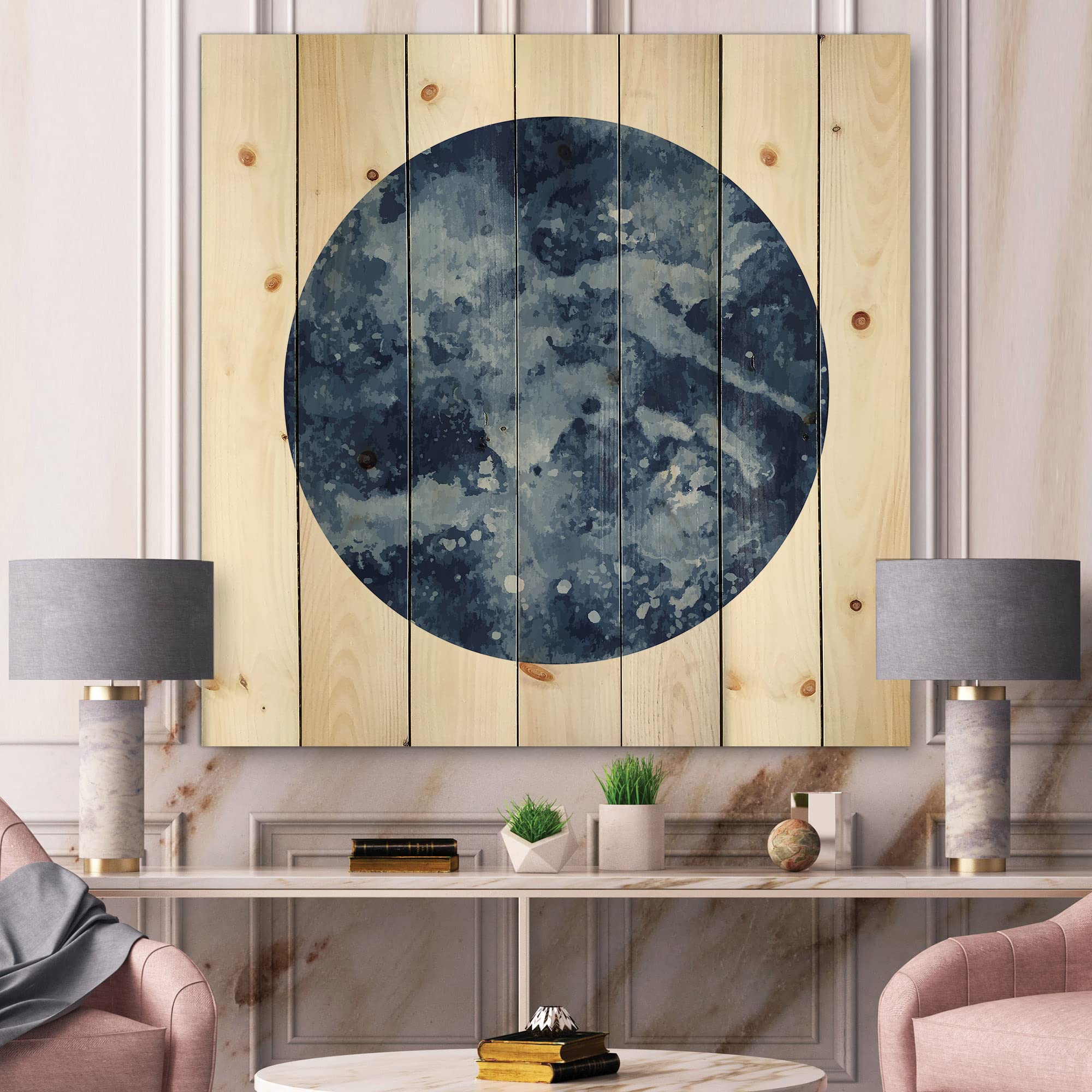 Modern Space Galaxy Circle Wood Wall Art - Blue Astronomy Decor, Large Contemporary Wood Wall Panels Printed on Natural Pine - Perfect for Living Room, Bedroom & Office Decor