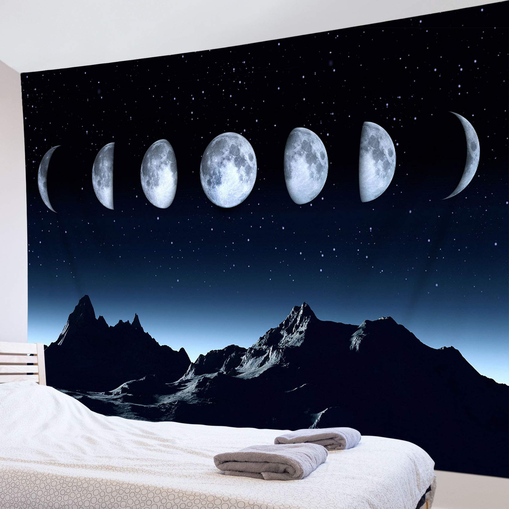 HVEST Mountain Tapestry Night Sky Moon Phases Wall Hanging Blanket - Blue Psychedelic Space Landscape Art Decor for Living Room, Bedroom, Teen Dorm, 92.5x70.9 Inches - Perfect for Meditation, Yoga, and Cozy Nights