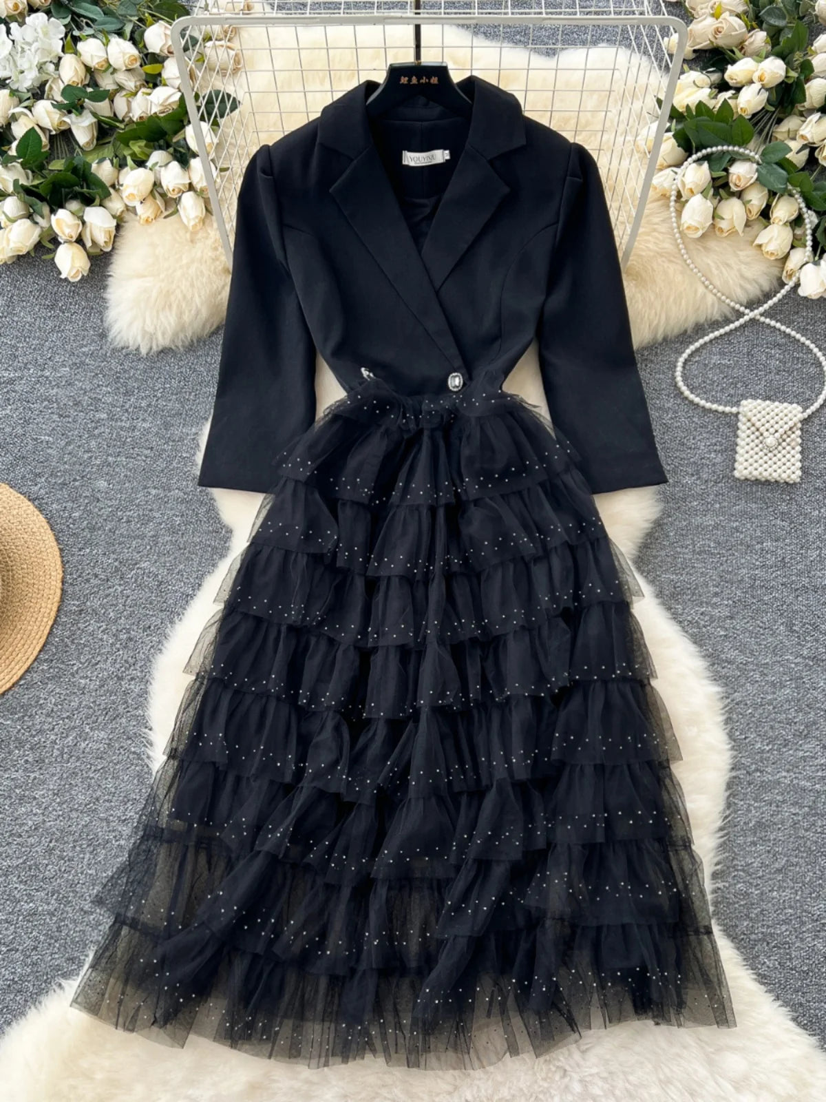 2024 Autumn Black Mesh Patchwork Sequin Elegant Long Sleeve Slim Dress for Women | Korean Style High Waist Cake Dress in Khaki | Perfect for Parties, Weddings & Evening Events