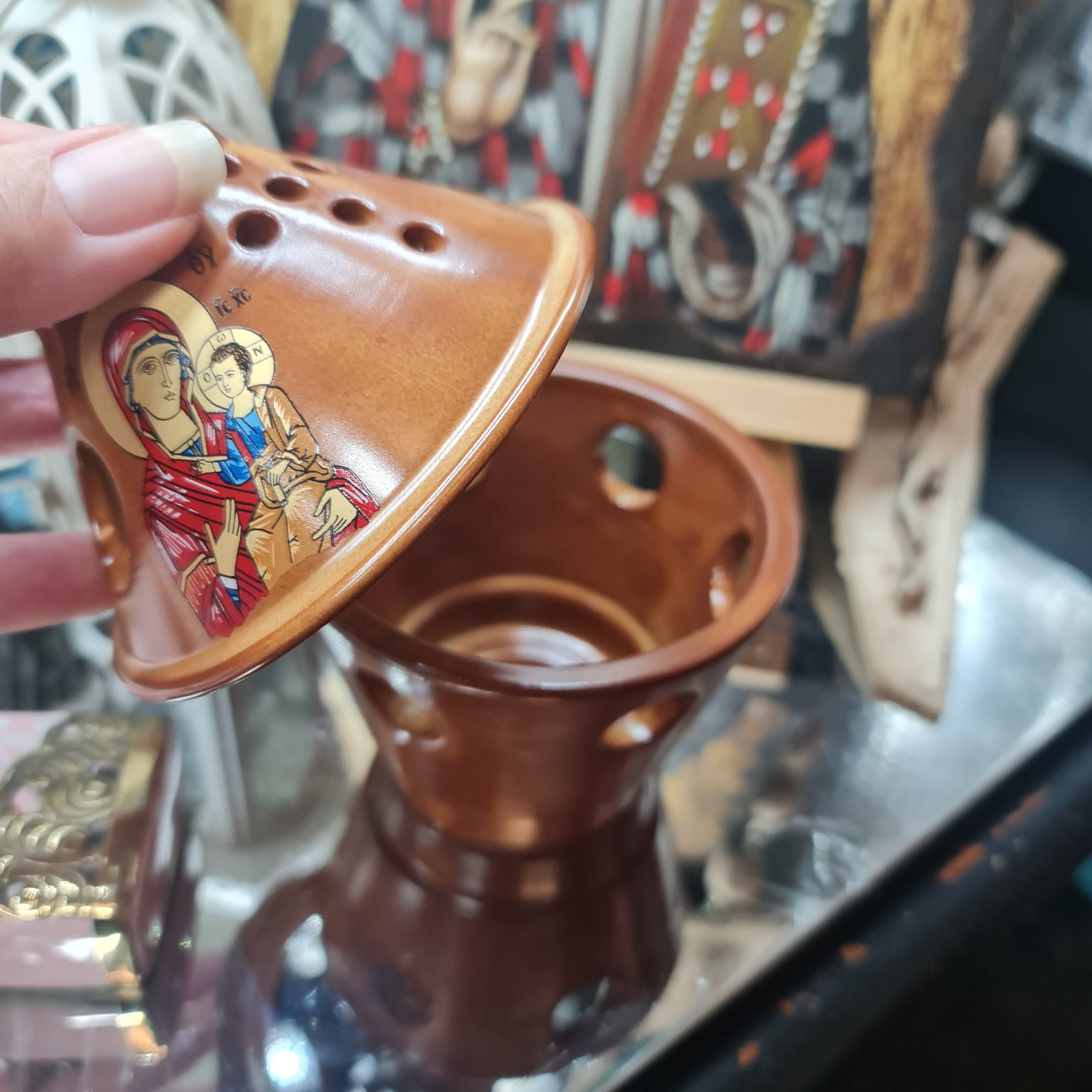 Orthodox Lamp Kandili - Handmade Ceramic Taper Top Brown Candle Holder for Religious Home Decor & Prayer Spaces