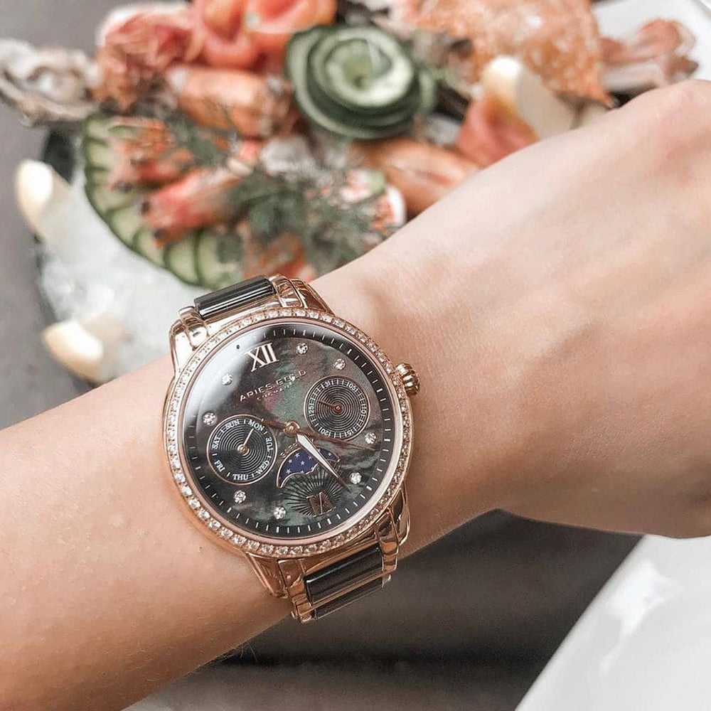 Aries Gold Enchant Luna L 58010L RG BKMP Women's Luxury Watch - Elegant Rose Gold & Black Timepiece for Business, Party & Special Occasions