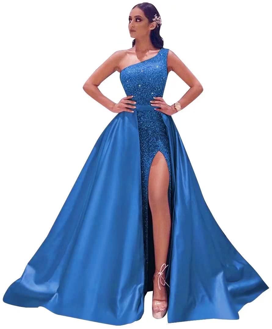 Elegant One Shoulder Prom Dresses 2024 | Sparkling Sequin Satin Ball Gown | Long Formal Evening Dress for Women with High Slit | Perfect for Prom Night, Homecoming, Gala & Special Occasions