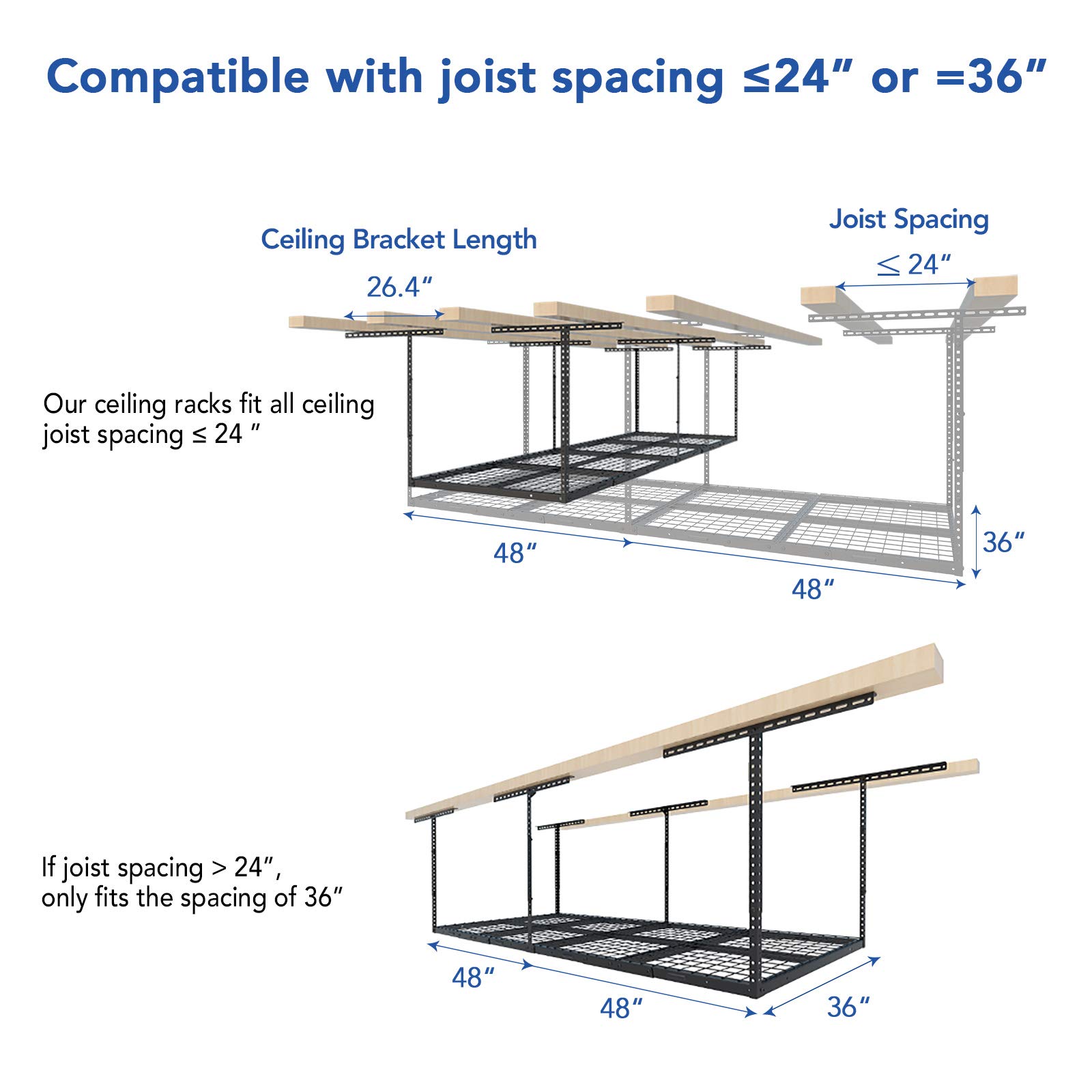 FLEXIMOUNTS 3x8 Overhead Garage Storage Rack - Heavy Duty Adjustable Metal Ceiling Storage System (2 Pack, Black) - Perfect for Garage Organization, Seasonal Decor Storage & Sports Equipment