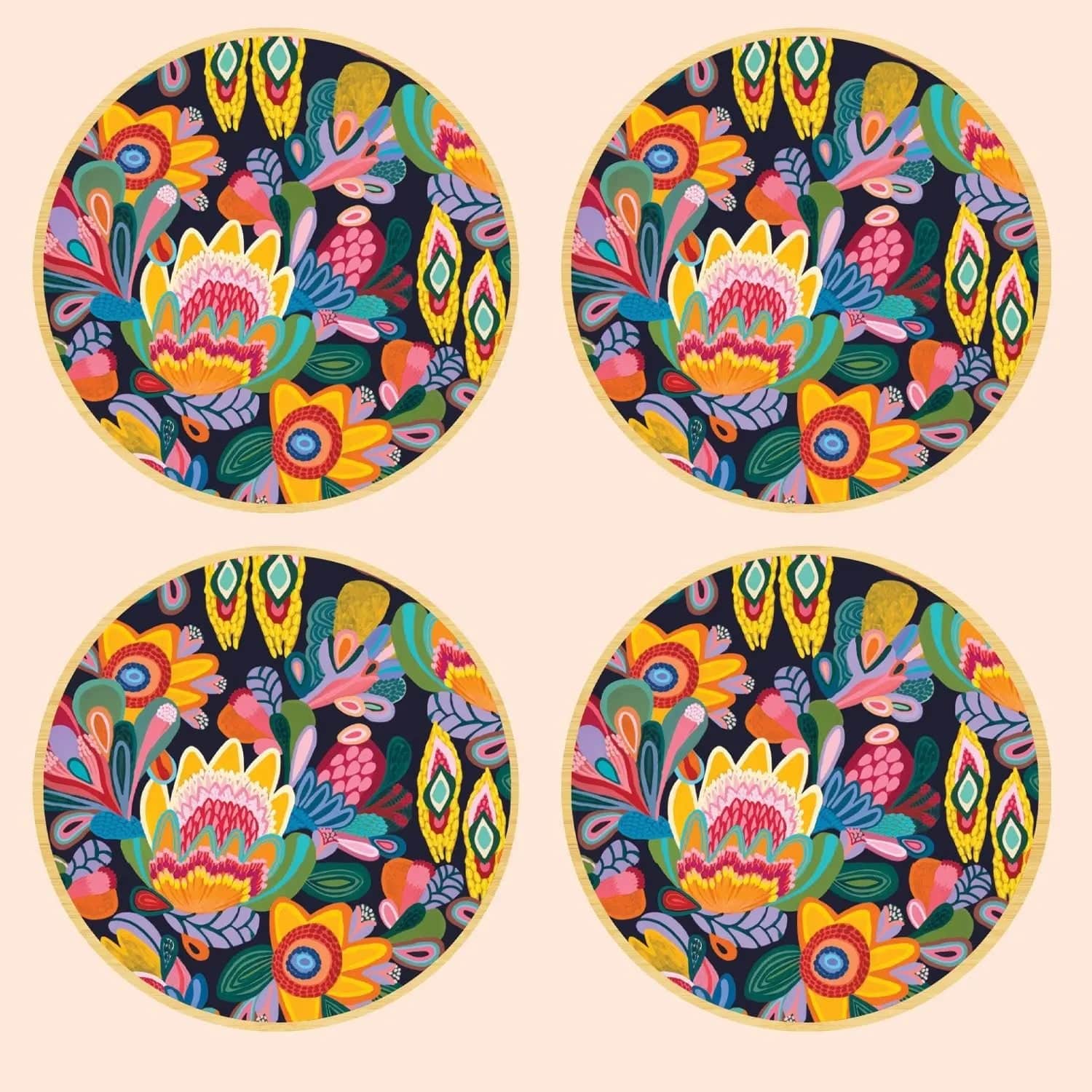 Fantasy Flora Australian Wooden Coaster Set - 6 Pack Natural Wood Drink Coasters for Home & Bar - Perfect for Coffee Tables, Dining Tables, and Outdoor Use