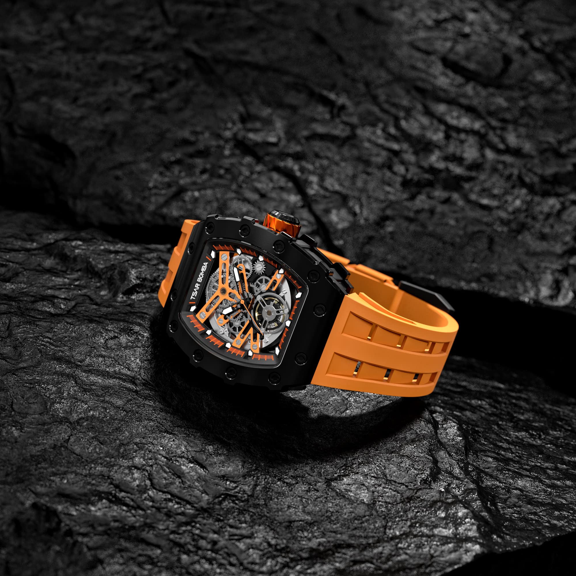 TSAR BOMBA Automatic Skeleton Mechanical Watch for Men - Carbon Fiber Bezel, 50M Waterproof, Silver Dial, Silicone Strap - Luxury Dress Watch for Business, Formal Events & Everyday Wear - Unique Stylish Mens Wristwatch