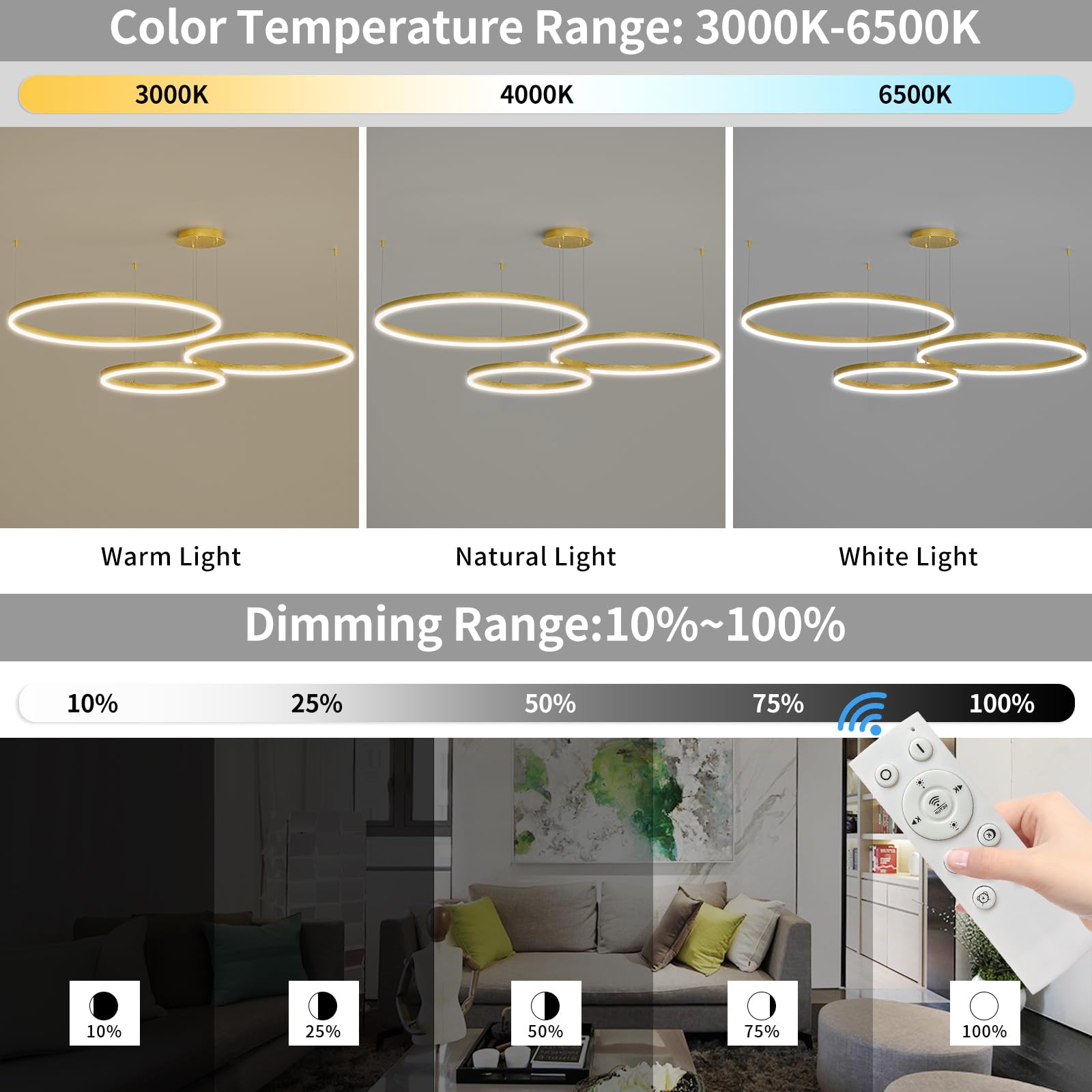 Modern LED 3-Light Gold Chandelier - 15.7/23.6/31.5 Inch Adjustable Ceiling Pendant Light with Remote Control (3000K-6500K Color Temperature) - Perfect for Dining Room, Kitchen Island, Living Room & Bedroom Lighting