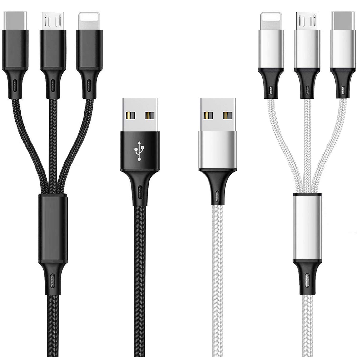 3-in-1 Fast Charging Cable 4FT (2 Pack) - Multi USB Charger with Type C/Micro USB/Lightning Ports - 3A High Speed Charging Cord for iPhone 12/11/Pro/8/7/6, Samsung Galaxy, Tablets - Perfect for Home, Office & Travel Charging Needs