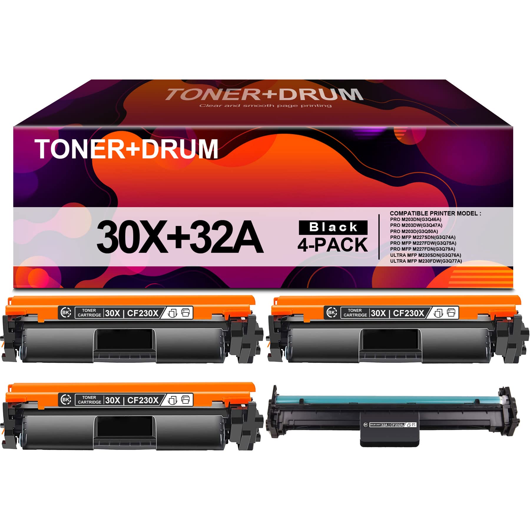 YOISNER 30X | CF230X Toner & 32A | CF232A Drum Replacement Cartridge - Compatible with HP Pro M203dw M203d MFP M227fdw M227fdn M230sdn M230fdw Printers (3-Pack Toner + 1-Pack Drum) - Ideal for Office, Home & Small Business Printing Needs