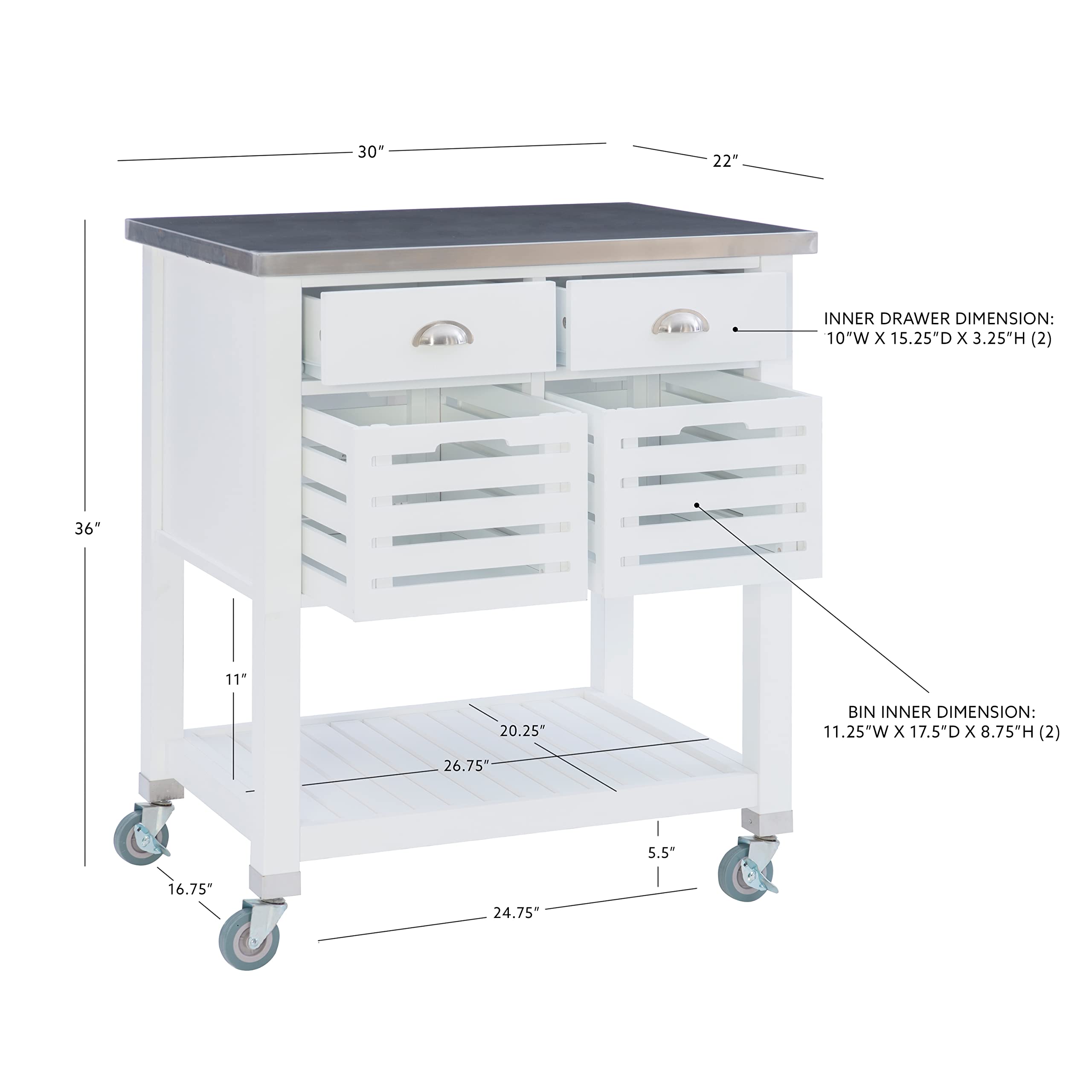 Linon Hudson White Kitchen Cart with Wheels - Rolling Kitchen Island for Small Spaces - Perfect for Food Prep, Storage & Serving - Ideal for Apartments, Dorms & Compact Kitchens