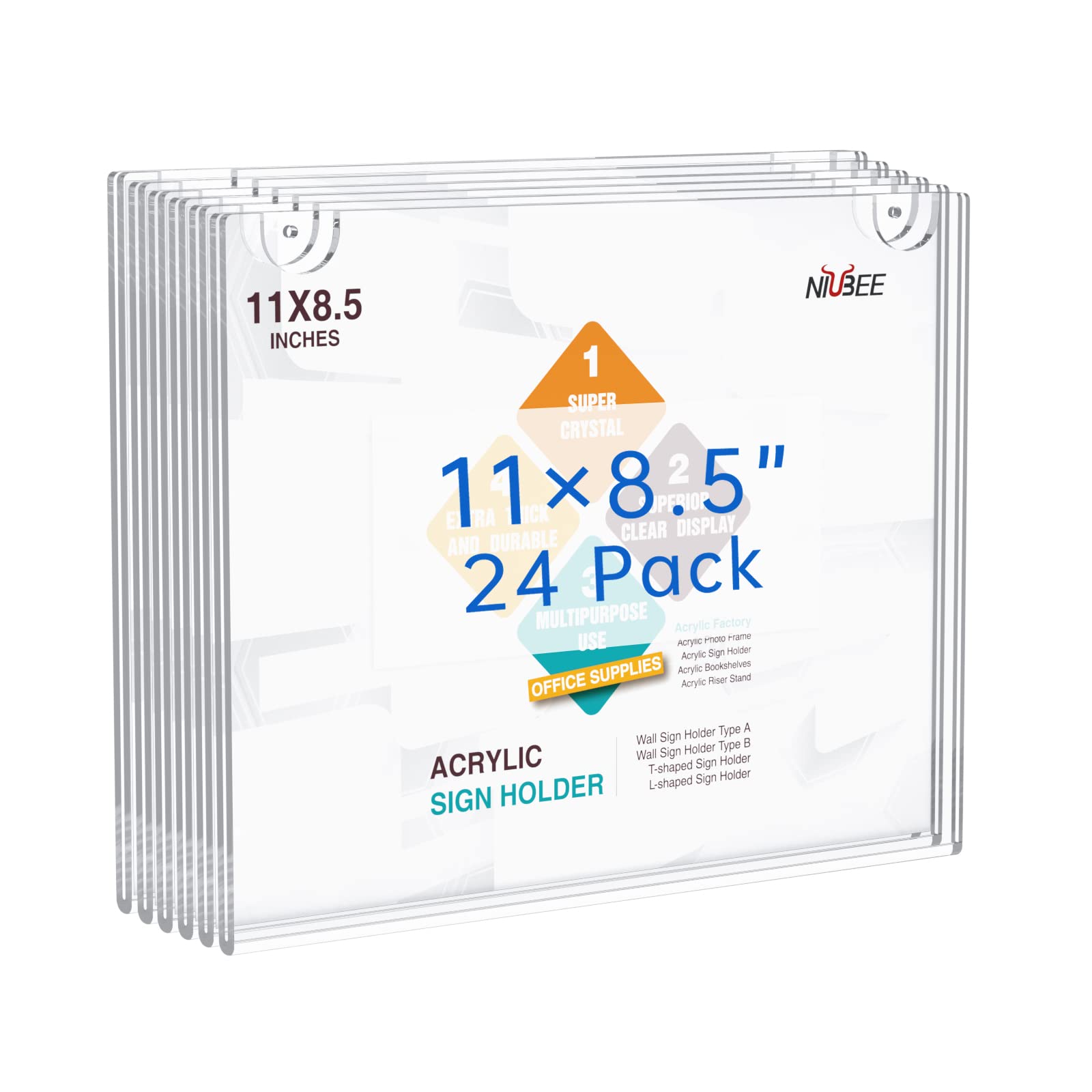 NIUBEE 24-Pack Clear Acrylic Wall Sign Holders 8.5x11 - Horizontal Plastic Picture Frames with Wall Mounted Design - Perfect for Office Signs, Restaurant Menus & Retail Displays