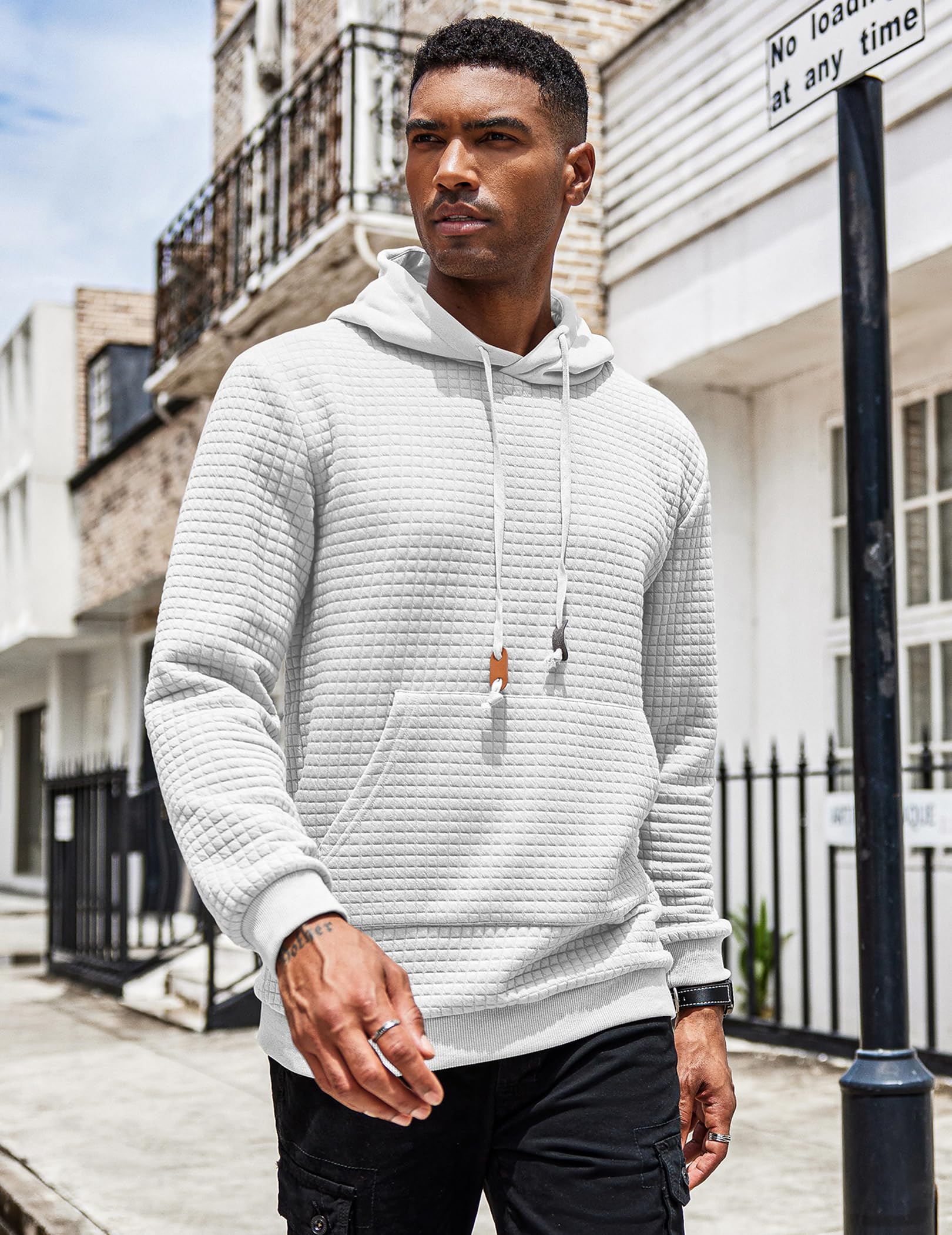 COOFANDY Men's Long Sleeve Waffle Knit Pullover Hoodie with Pocket - Casual Fashion Sweatshirt for Streetwear, Lounge & Outdoor Activities