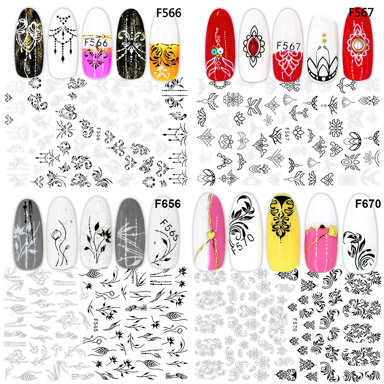 MWOOT 9 Sheets Black White Nail Stickers - 3D Self-Adhesive Nail Art Decals with Maple Leaf, Flower & Retro Pink Vine Designs for DIY Manicure, Nail Salon & Home Nail Decoration