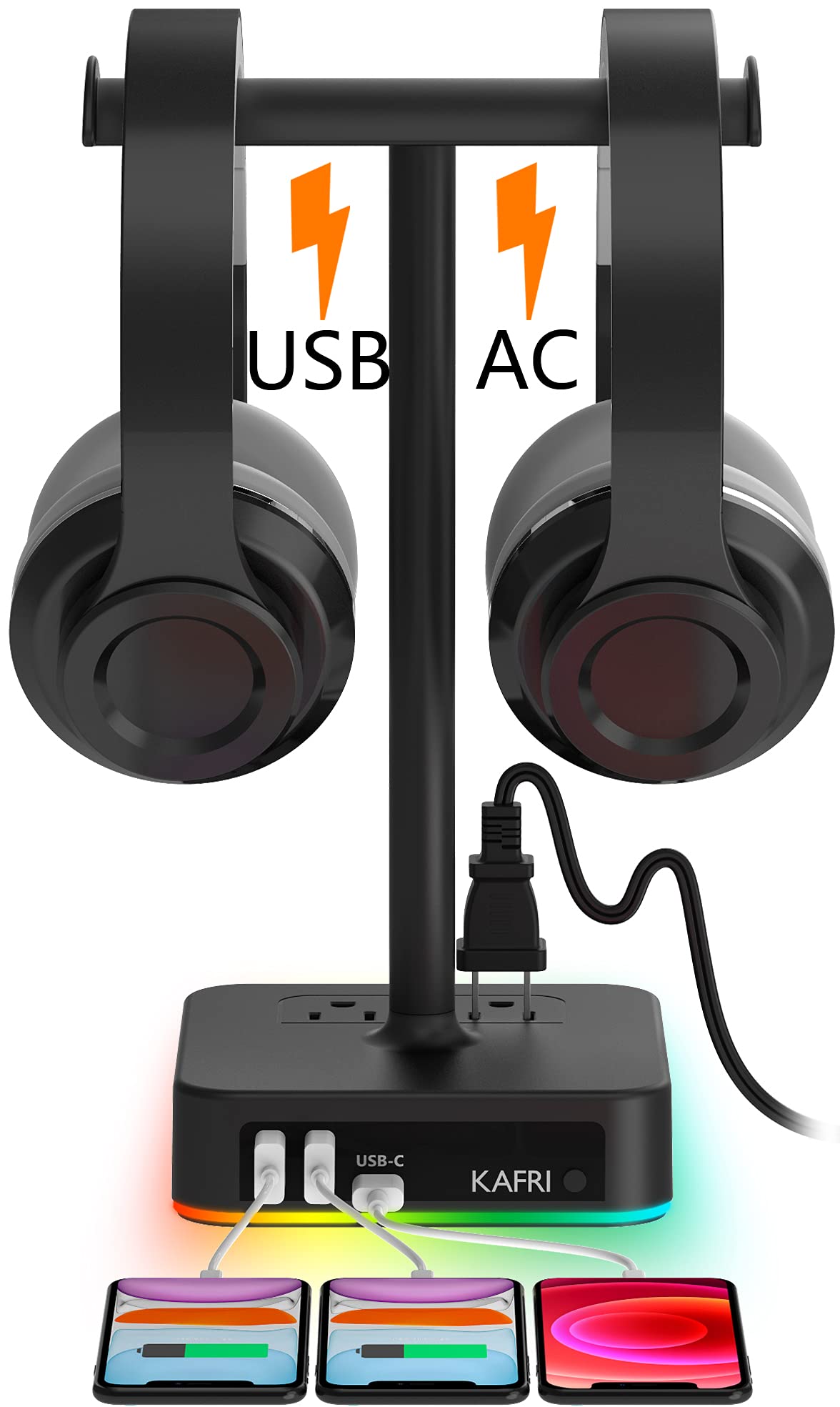 KAFRI RGB Dual Headphone Stand with USB C Charger - Gaming Headset Holder with 3 USB Ports & 2 Outlets - Desk Organizer for Gamers | Perfect for PC Setup, Streaming Station & Office Workspace