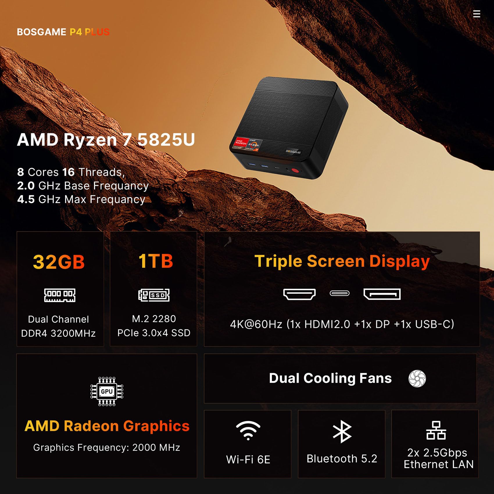 Mini Gaming PC AMD Ryzen 7 5825U | 32GB DDR4 RAM 1TB SSD Micro Desktop | Dual LAN 2.5GbE, 4K Triple Display, WiFi6E, BT5.2 | Powerful Compact Computer for Home Office, Gaming & Streaming
