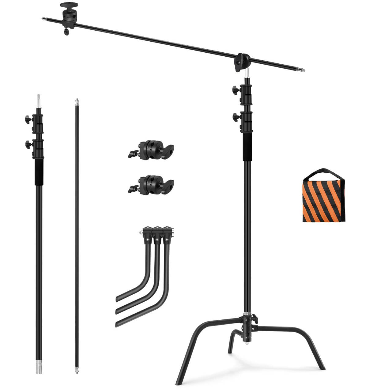 Heavy Duty C Stand with Boom Arm - Black Stainless Steel Adjustable Photography Light Stand with Grip Head & Sand Bag for Studio Lighting, Overhead Shooting, Reflectors, Softboxes, Umbrellas - Perfect for Professional Photography, Videography, and Film Production