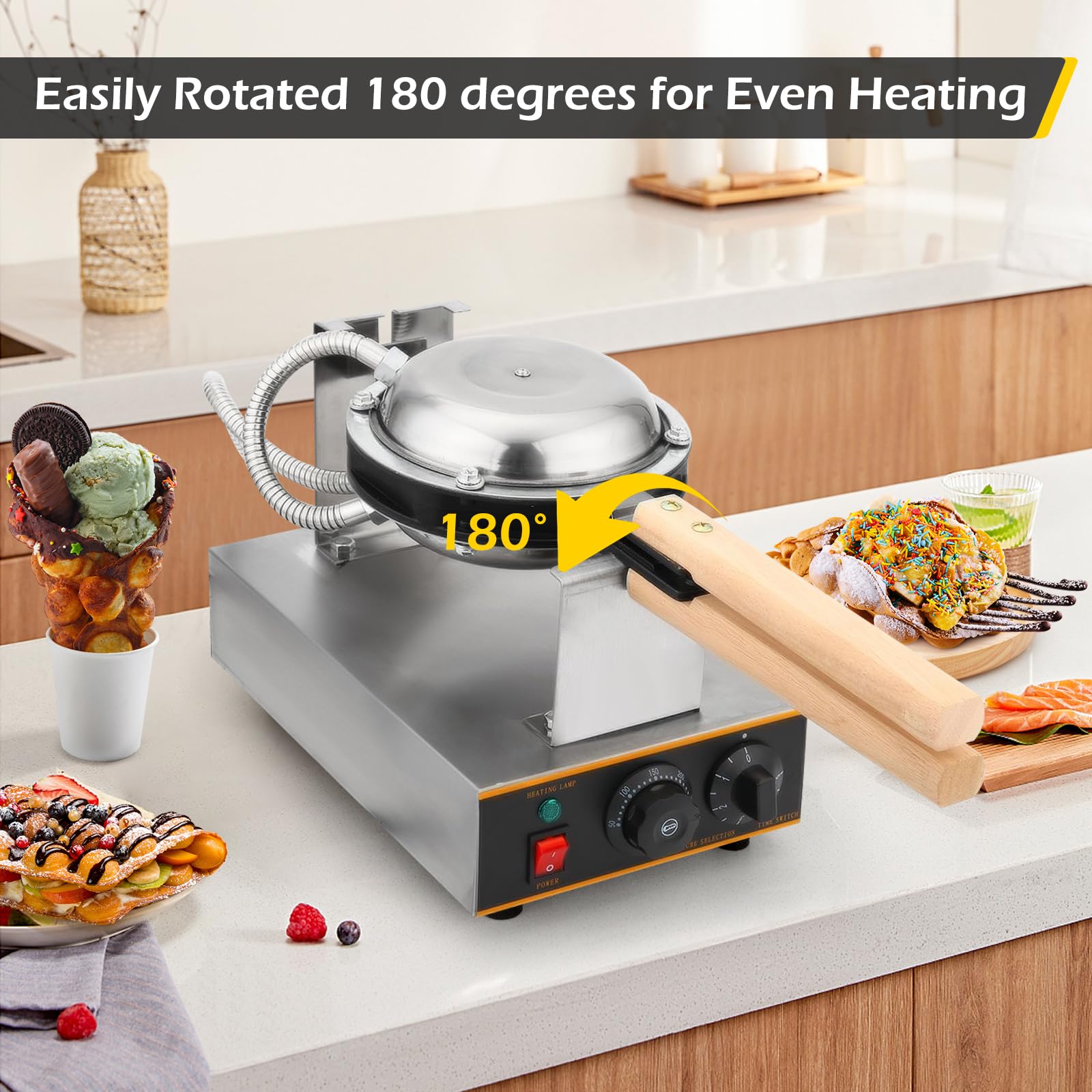 Dyna-Living 1400W Commercial Bubble Waffle Maker - Stainless Steel Electric Egg Puff Waffle Iron Machine with 180° Rotation & Non-Stick Coating - Perfect for Home, Cafes, and Street Food Businesses - Make Authentic Hong Kong Style Egg Waffles (Gai Daan Jai) for Breakfast, Desserts, or Snacks