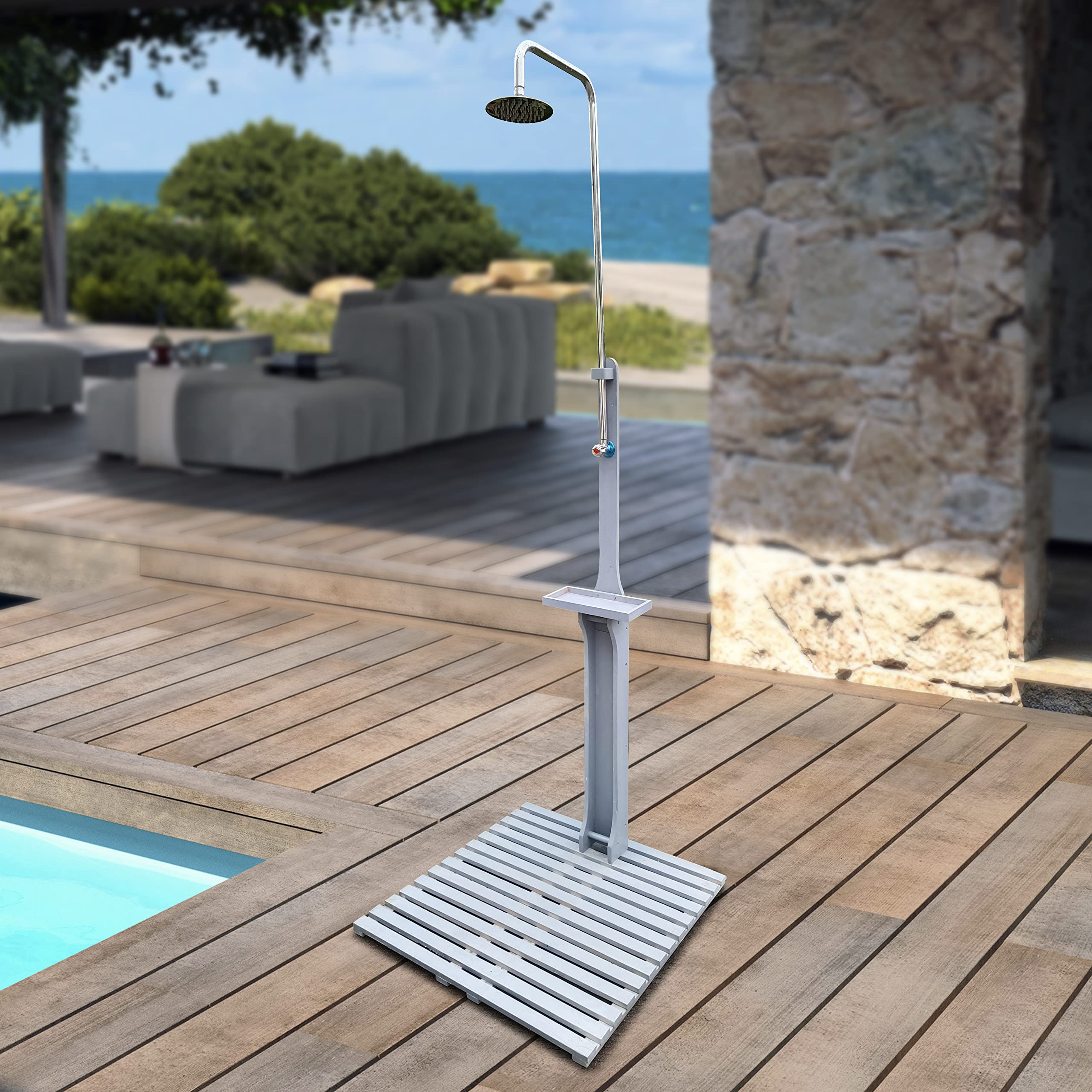 Premium Solid Wood Outdoor Garden Pool Shower Kit - Adjustable Pressure Freestanding Shower with Storage Shelf | Perfect for Swimming Pools, Patios, Terraces & Backyard Gardens (Gray)