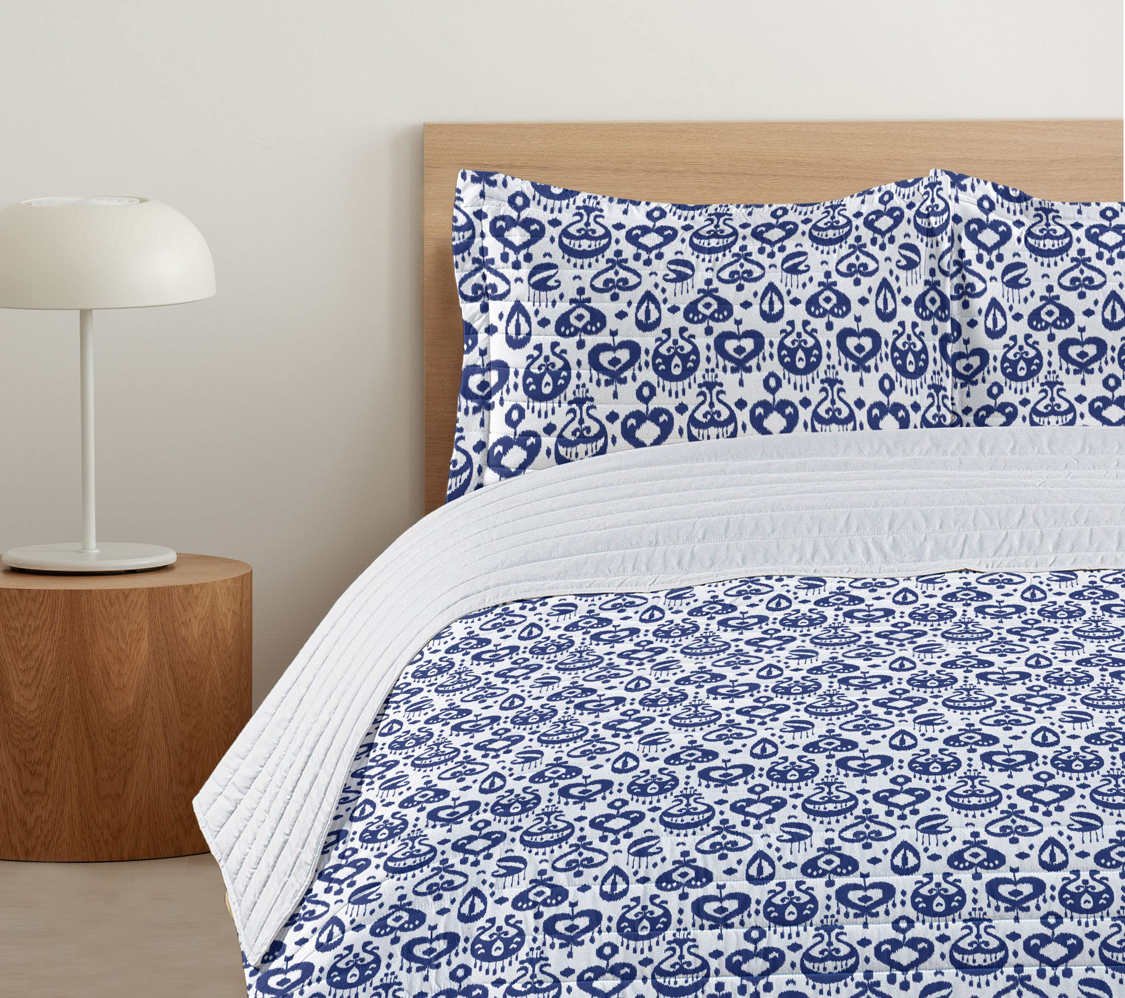 Ambesonne Navy Blue Microfiber Bedspread Set - King Size Ikat Pattern Damask Comforter with Pillow Shams | Soft Retro Style Bedding in Blue & White | Perfect for Master Bedroom, Guest Room & Bohemian Home Decor