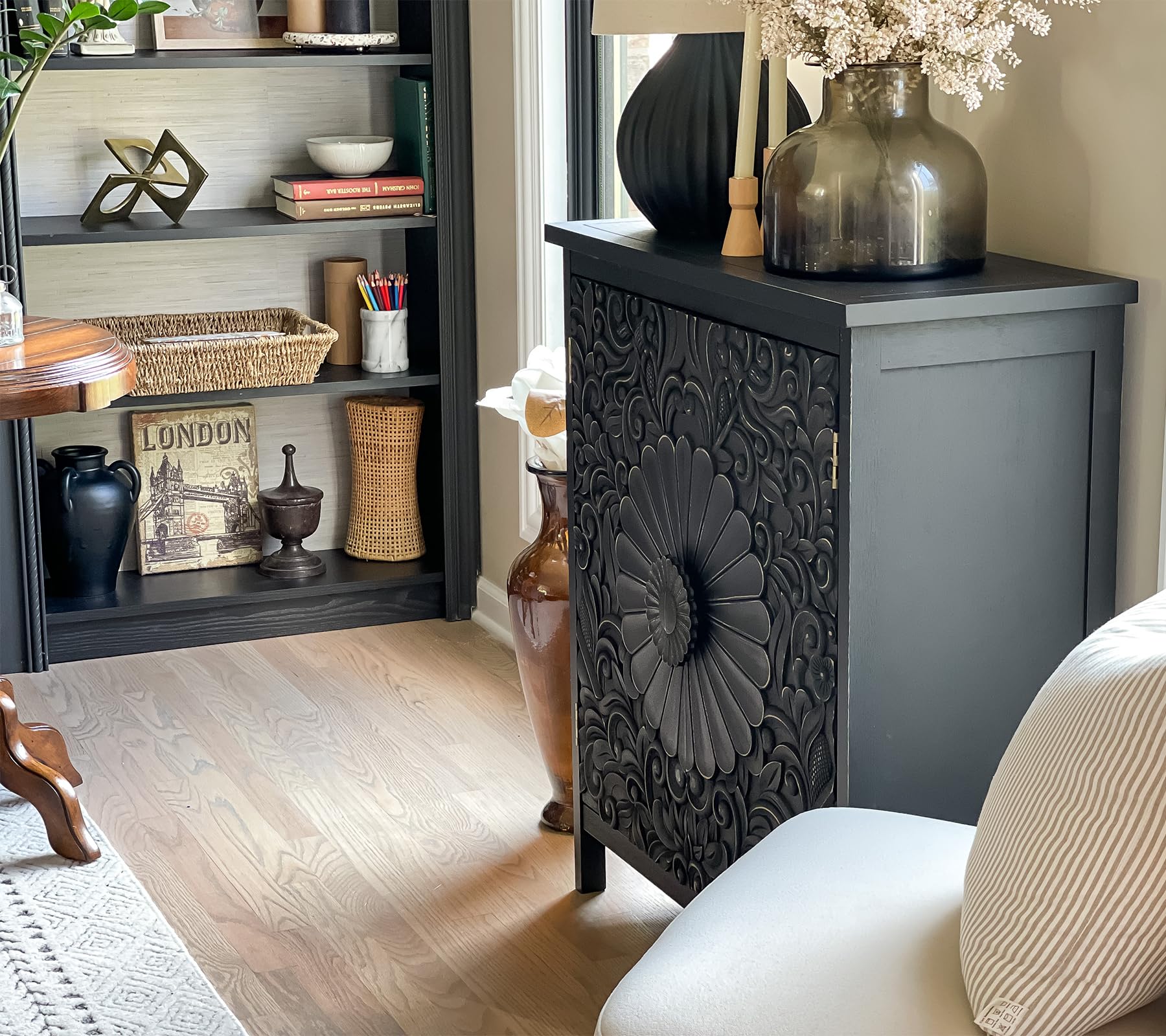 MAISON ARTS Black Floral Carved Accent Cabinet - Modern & Traditional Engineered Wood Storage Cabinet with 245lbs Weight Capacity, Elegant Living Room Furniture for Entryway, Hallway or Bedroom Storage Solution
