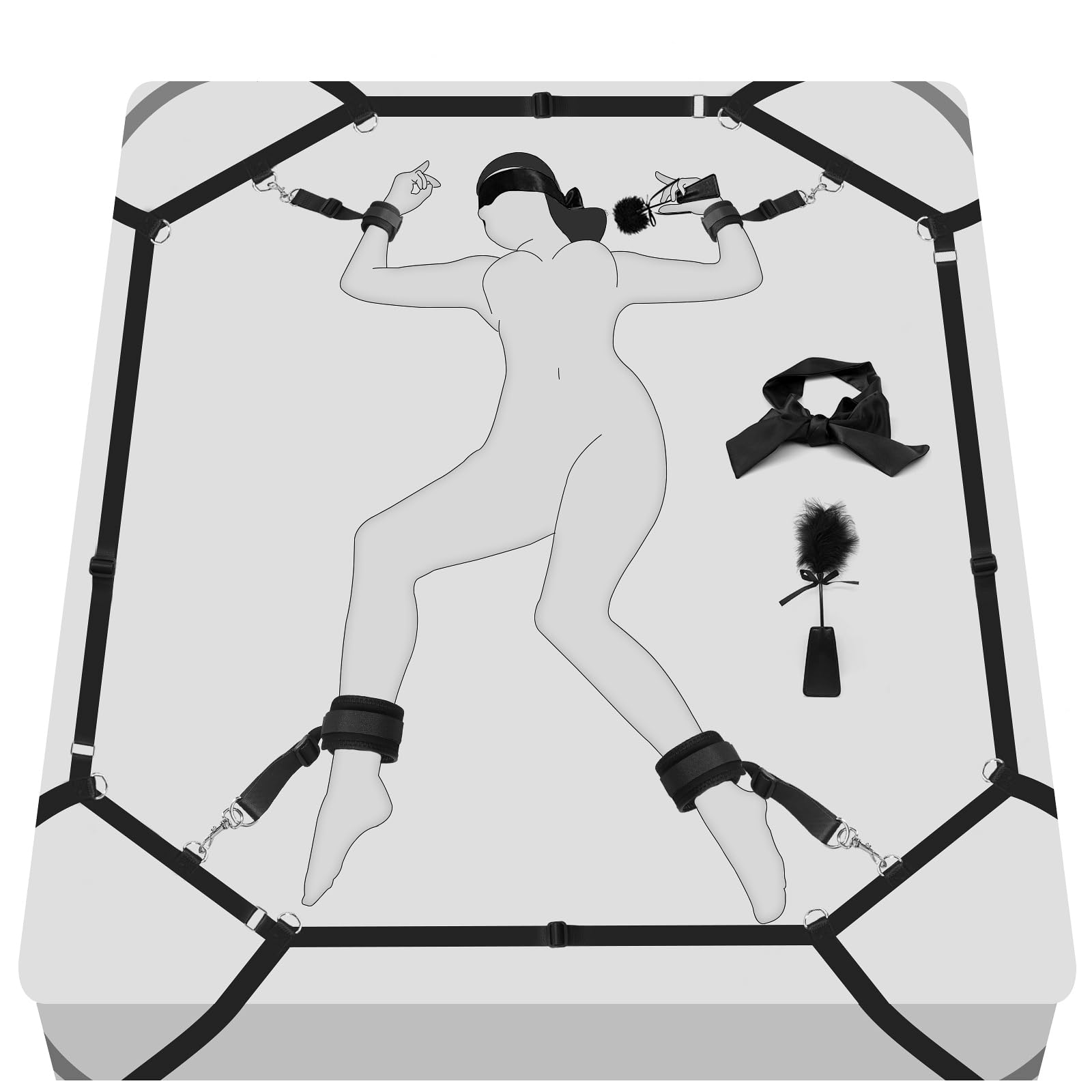 Premium BDSM Bondage Kit for Couples - Adjustable Bed Restraints Set with Handcuffs, Ankle Cuffs, Blindfold & Tickler | Strong Sex Straps Fit Thick Mattresses | Perfect for Spicing Up Your Bedroom, Role Play & Adult Games