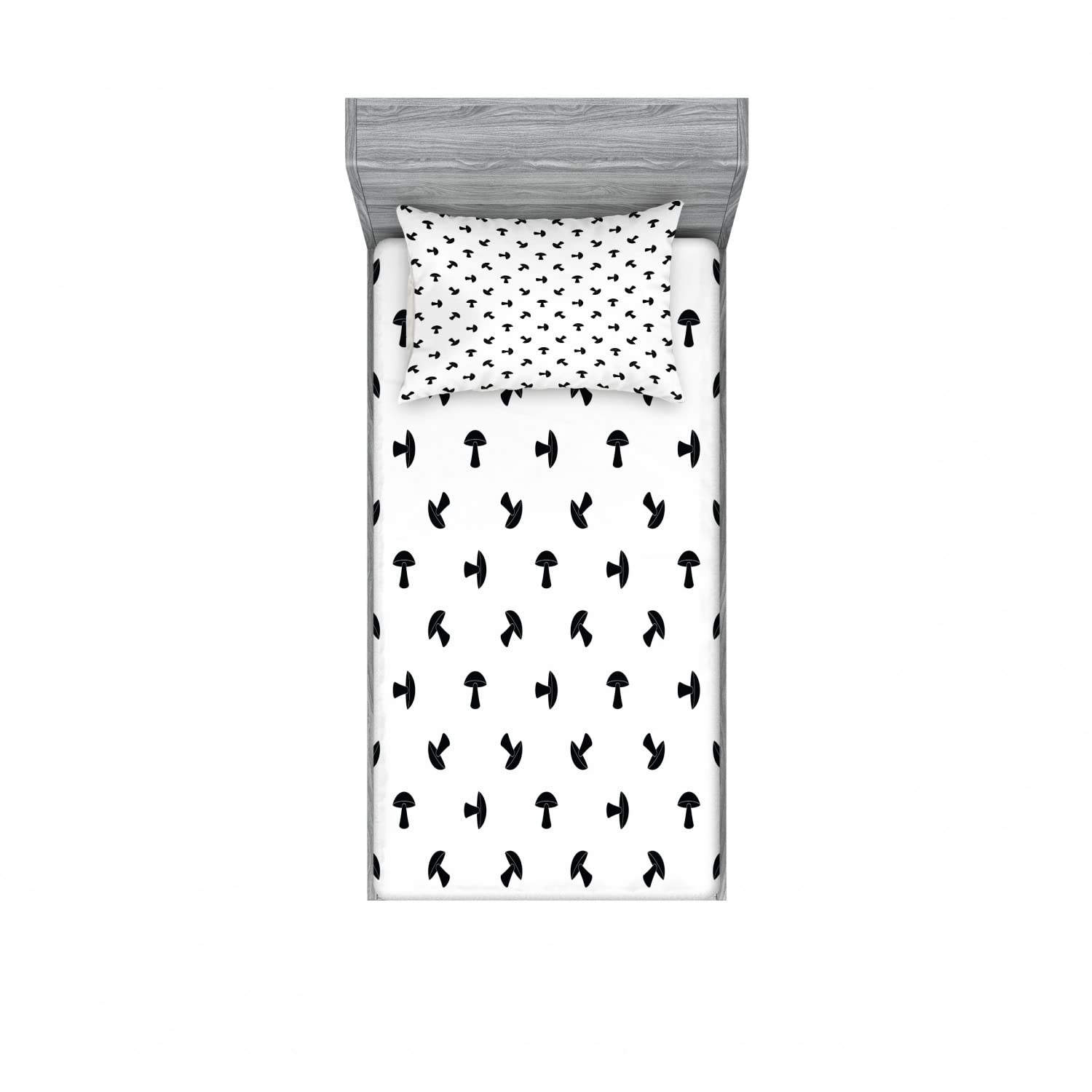 Ambesonne 2-Pack Twin Fitted Sheet & Pillow Sham Set - Monochrome Woodland Mushroom Design - 4-Piece Bedding Set (2 Fitted Sheets + 2 Pillow Covers) - White & Black - Perfect for Kids Rooms, Cabin Decor & Nature-Themed Bedrooms