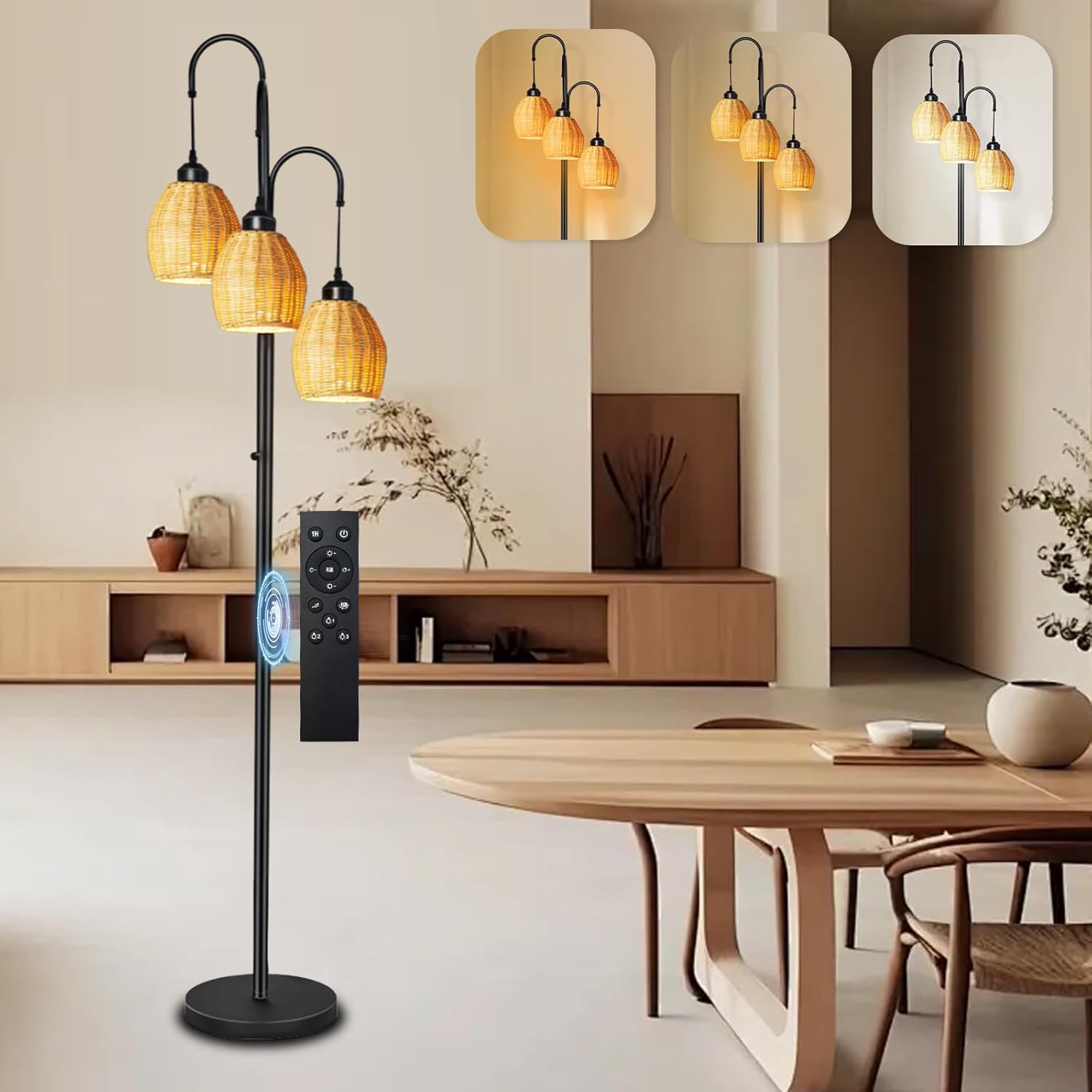 RGB Boho Floor Lamp for Living Room & Bedroom - Dimmable Rattan 3-Light Standing Lamp with App & Remote Control, Includes 3 RGB LED Bulbs | Perfect for Farmhouse Decor, Mood Lighting & Cozy Ambiance