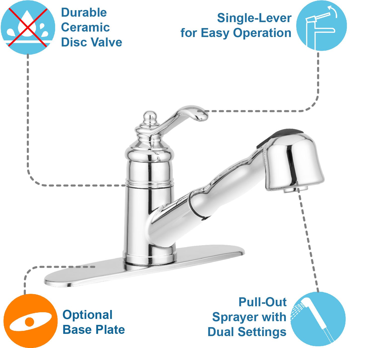 Pacific Bay Bainbridge Pull-Out Kitchen Faucet in Chrome - High Arc Modern Design for Easy Washing & Filling Large Pots - Perfect for Home Kitchen, RV, and Restaurant Use