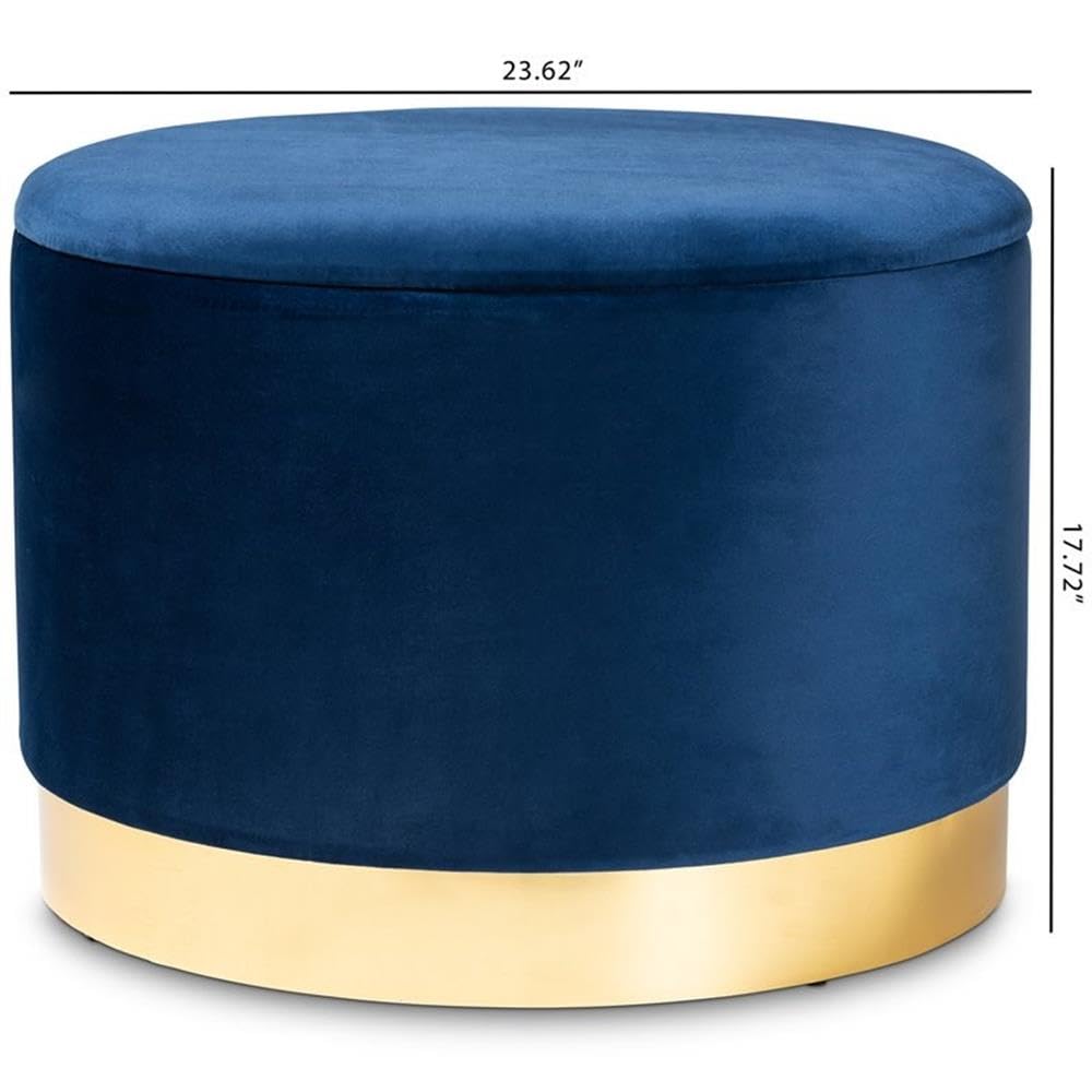 BOWERY HILL Navy Blue Velvet Upholstered Storage Ottoman with Gold Finish - Luxurious Footrest, Coffee Table & Extra Seating for Living Room, Bedroom or Office