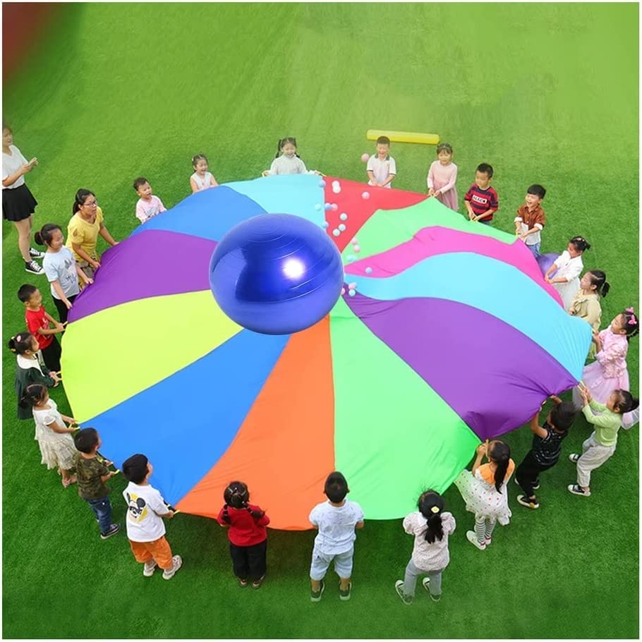 YAOJIA 6.56ft Rainbow Play Parachute for Kids - Outdoor Group Activity Toy with 6 Handles & Balls - Perfect for Kindergarten Games, Birthday Parties, PE Class & Team Building Exercises