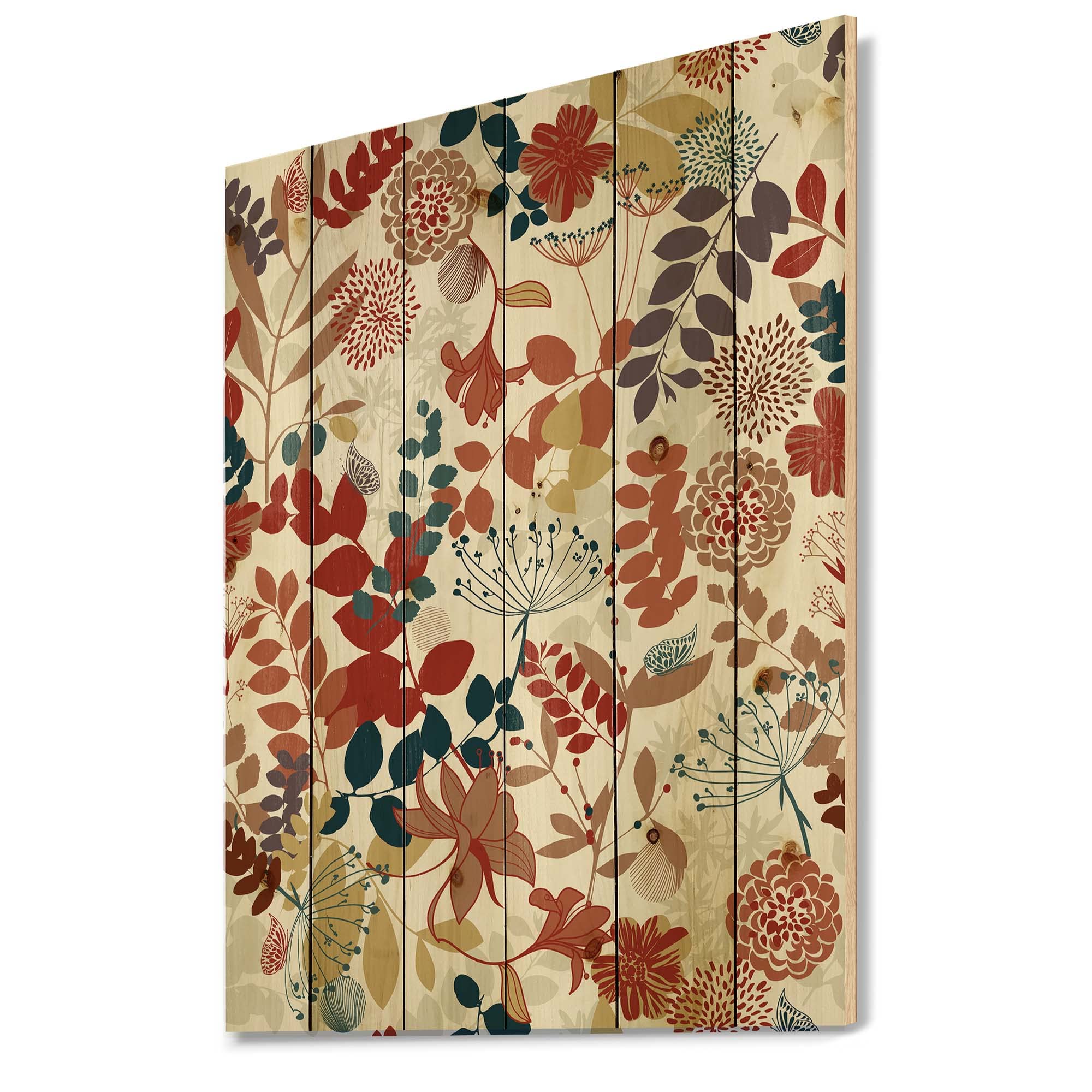 Retro Botanical Garden Wood Wall Art - Large Bohemian Floral Wall Panels Printed on Natural Pine Wood - Perfect for Living Room, Bedroom & Boho Home Decor
