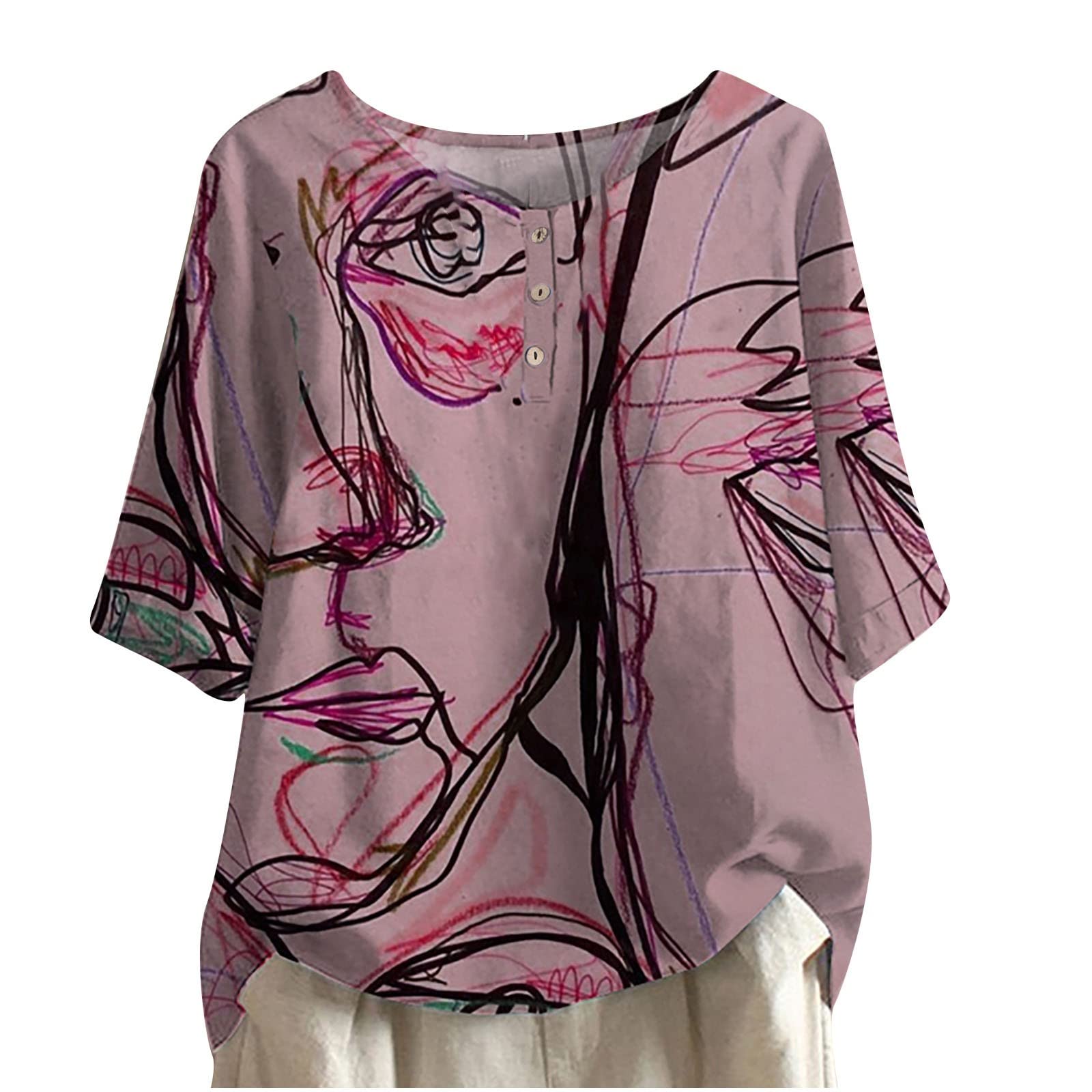 Women's Casual Cotton Linen Shirts - 3/4 Sleeve Crew Neck Loose Fit Tunic Tops with Side Split | Comfortable Summer Blouse for Work, Travel & Everyday Wear