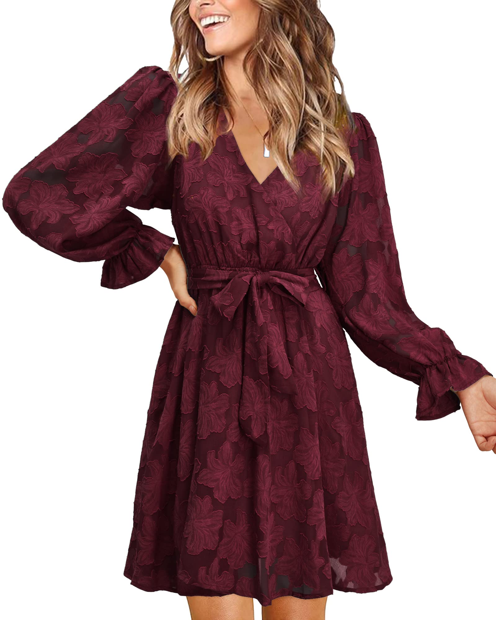 Elegant Long Sleeve Lace Wrap Cocktail Dress for Women - V-Neck Tie Waist Mini Party Dress for Wedding Guest, Date Night & Special Occasions