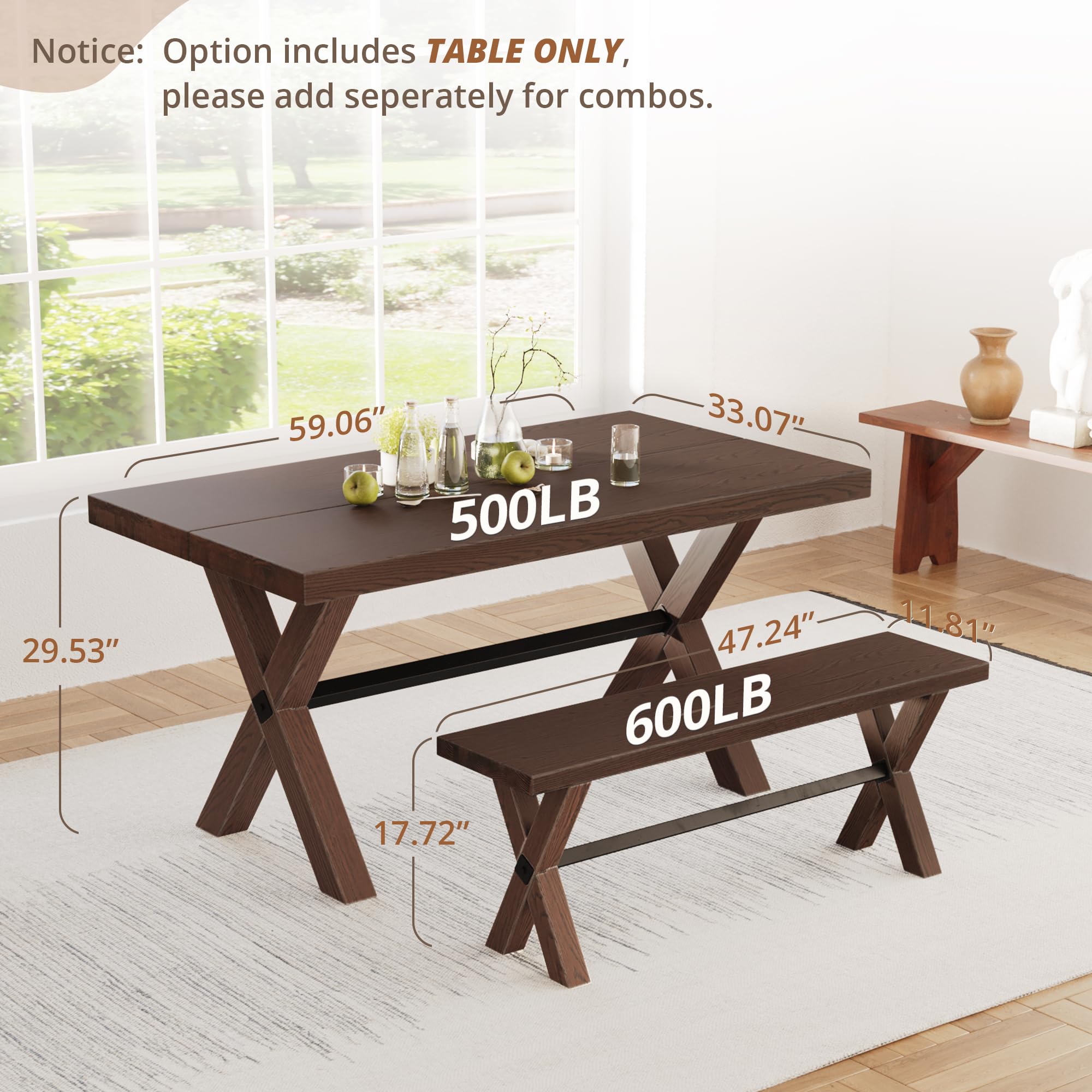 LUE BONA 59 Inch Solid Wood Farmhouse Dining Table for 6-8 People, Heavy Duty Rectangular Kitchen Table with Natural Oak Grain - Perfect for Family Gatherings, Dinner Parties & Cozy Home Dining Rooms (Brown)