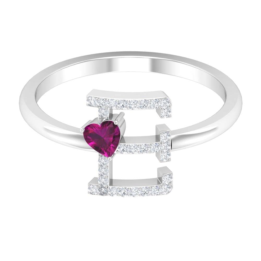 Rhodolite & Diamond Initial Rings for Women - A to Z Alphabet Letter Rings in 14K White Gold | Elegant Heart Design for Gifts, Anniversaries & Special Occasions