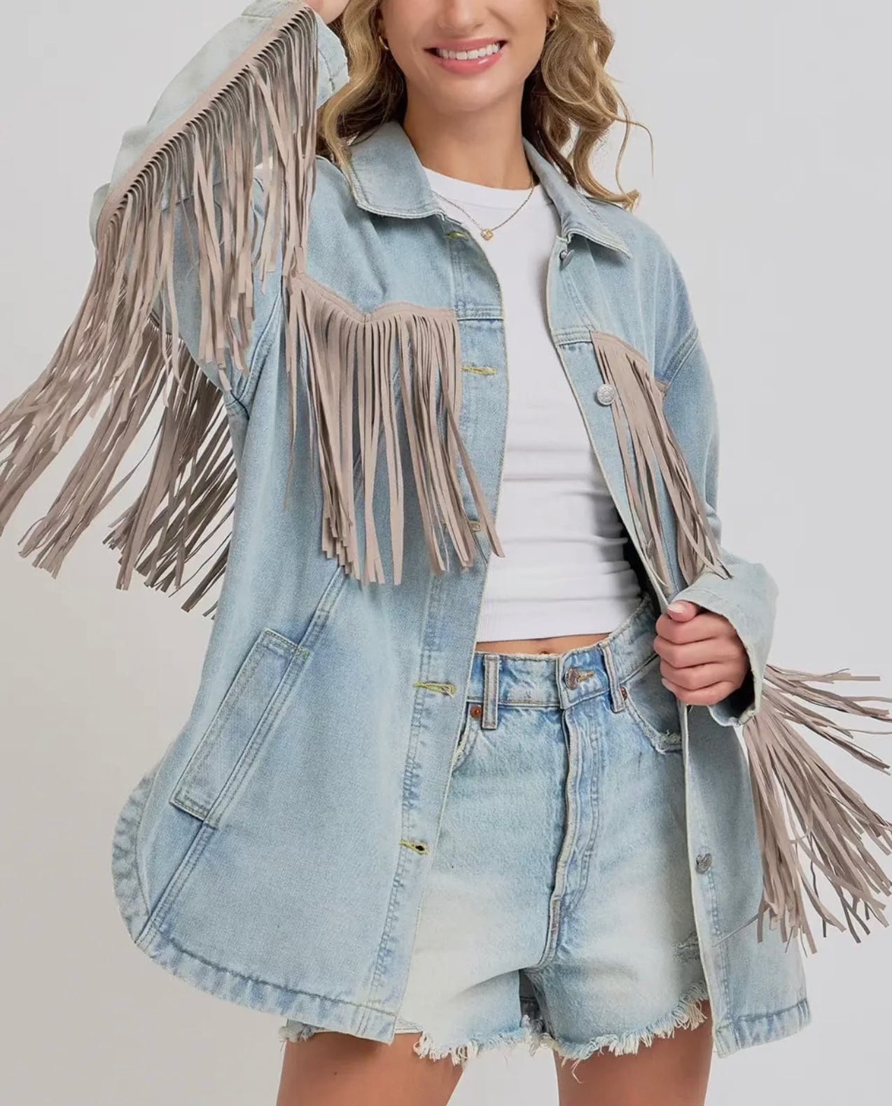Vintage Inspired Women's Denim Fringe Jacket - Boho Western Style Denim Coat for Women - Perfect for Music Festivals, Casual Outings & Fall Layering
