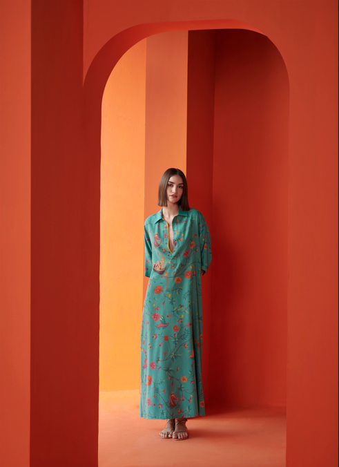 Kasturi Shirt Dress for Women - Muga Satin Aqua Blue Flowy Tunic - Perfect for Office Wear, Casual Outfits & Summer Dresses