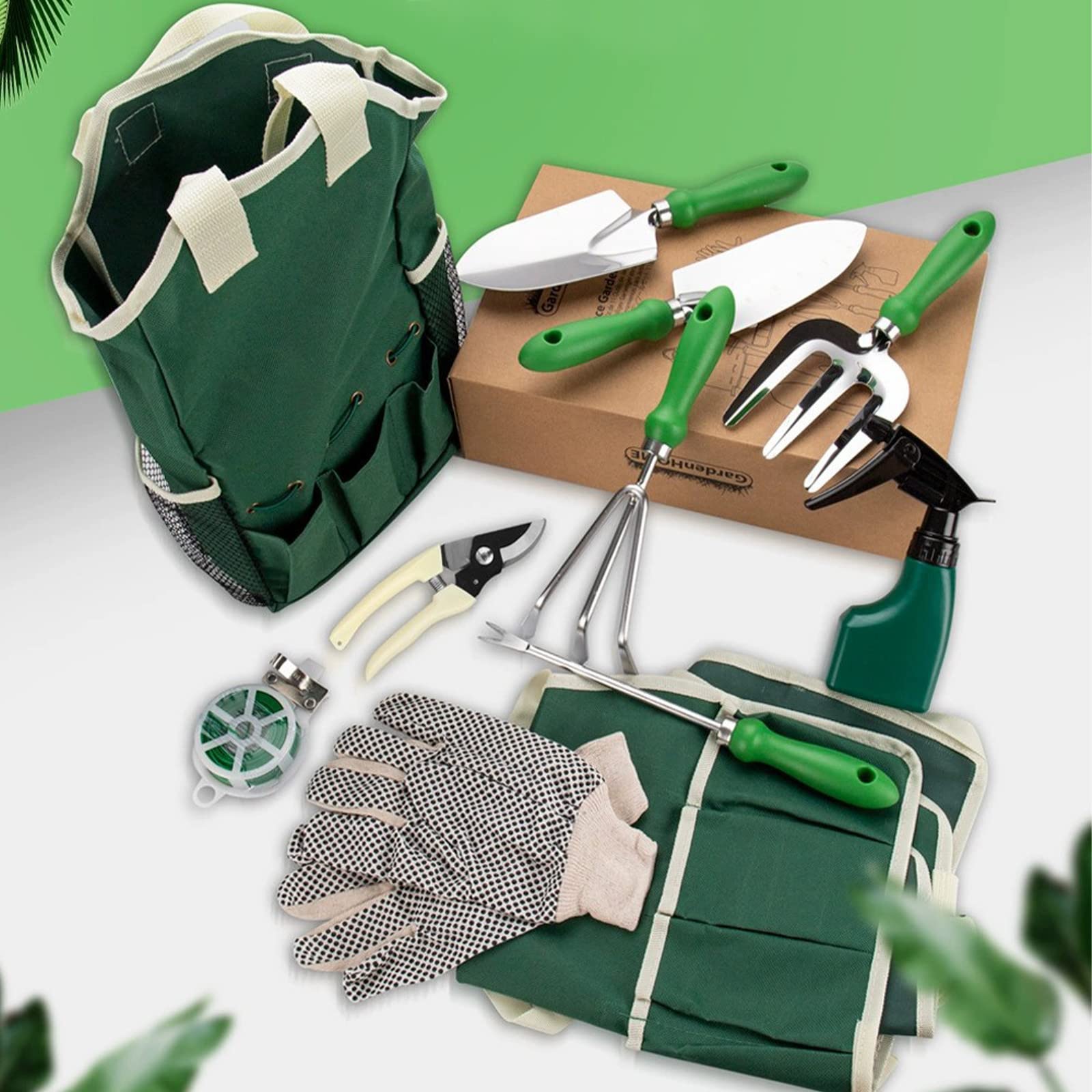 11-Piece Heavy Duty Stainless Steel Gardening Tool Set with Tote Bag & Gloves - Includes Weeding Rake, Shovel, Pruner, Spray Bottle & More - Perfect for Home Gardening, Landscaping & Outdoor Planting Activities