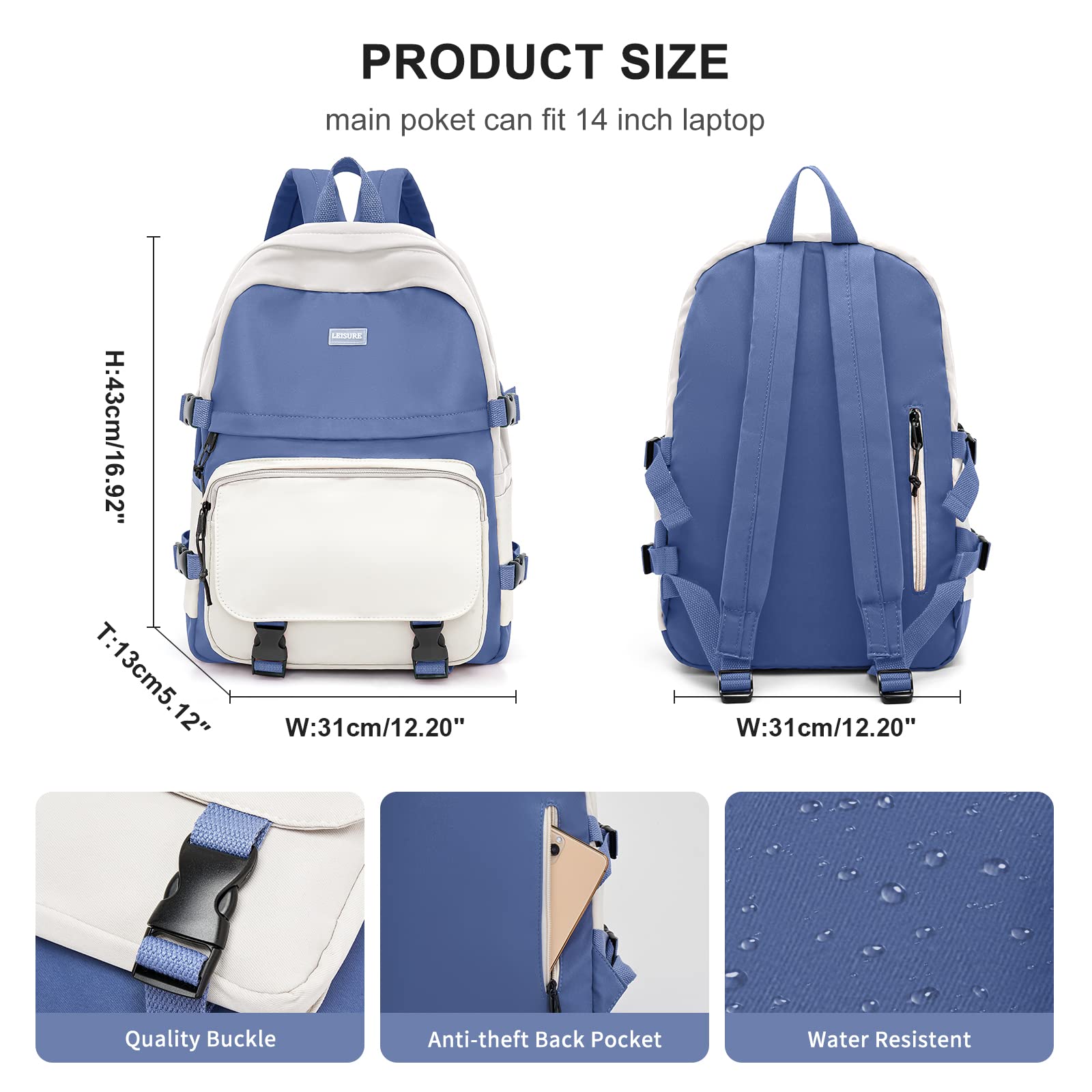 **Weradar Cute Waterproof College Backpack for Women & Men - Lightweight Travel Rucksack, School Backpack for Teens, High School Bag for Boys & Girls - Perfect for School, Travel & Daily Use (Blue)**