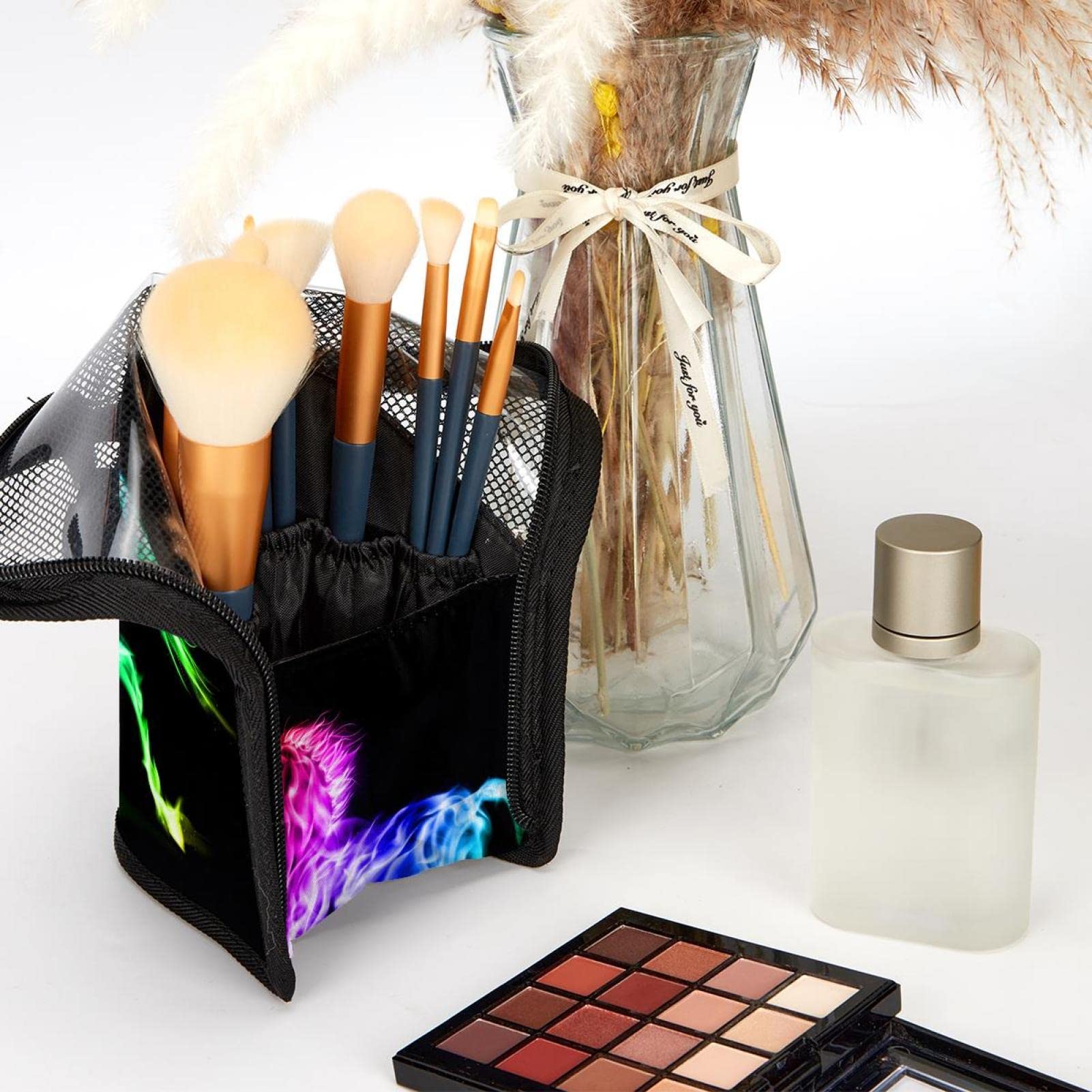 Rainbow Unicorn Makeup Brush Organizer Bag with 12 Brush Slots - Portable Travel Cosmetic Brush Holder Case for Professional Makeup Artists & Beginners - Perfect for Home, Travel & Salon Use