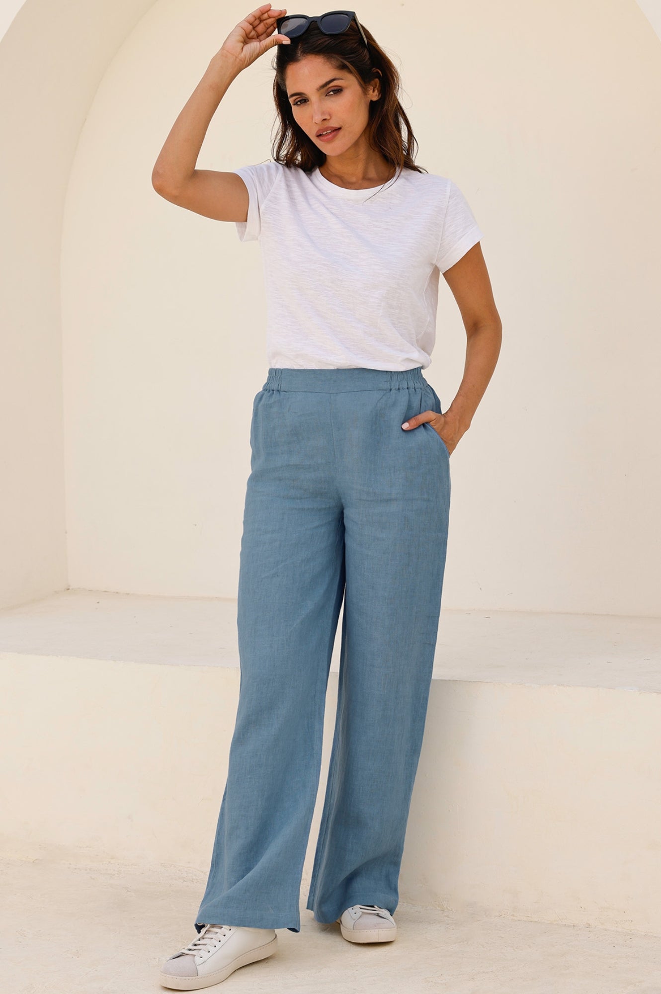 Breathable Wide Leg Linen Pants for Women - Lightweight Summer Casual Trousers in Blue & Grey | Perfect for Beach, Vacation and Boho Style Outfits