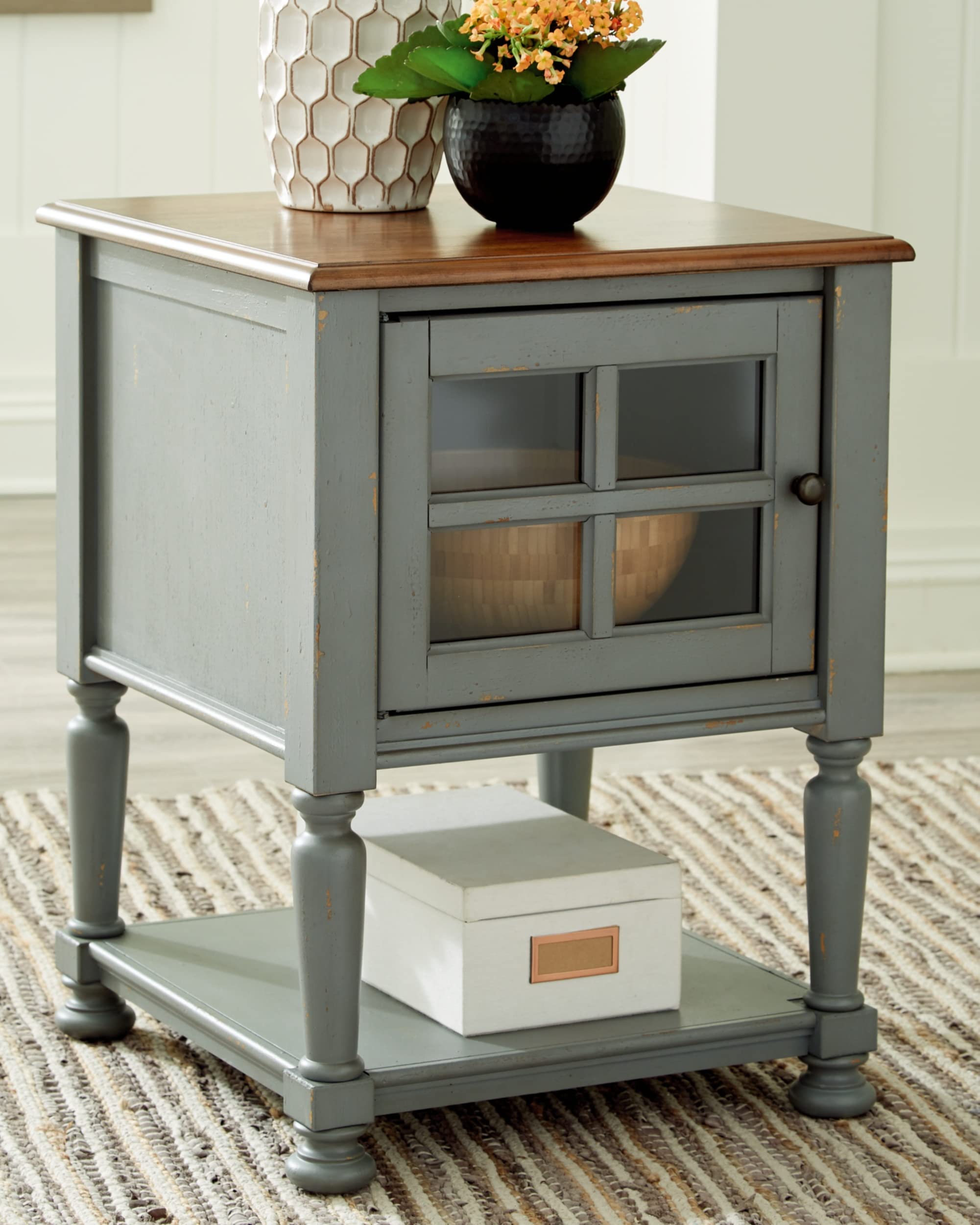 Signature Design by Ashley Mirimyn Farmhouse Accent Cabinet End Table - Gray & Brown Wood Nightstand for Living Room, Bedroom & Entryway Storage