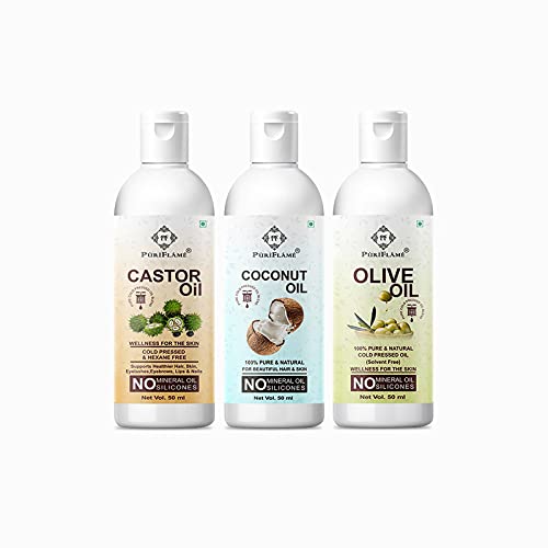 PuriFlame 100% Pure Castor Oil, Coconut Oil & Olive Oil Trio Set (50ML Each) - Natural Hair Growth Treatment for Thicker, Stronger Hair | Reduces Hair Fall & Split Ends | Nourishes for Soft, Shiny Hair | Perfect for Daily Hair Care & Scalp Massage